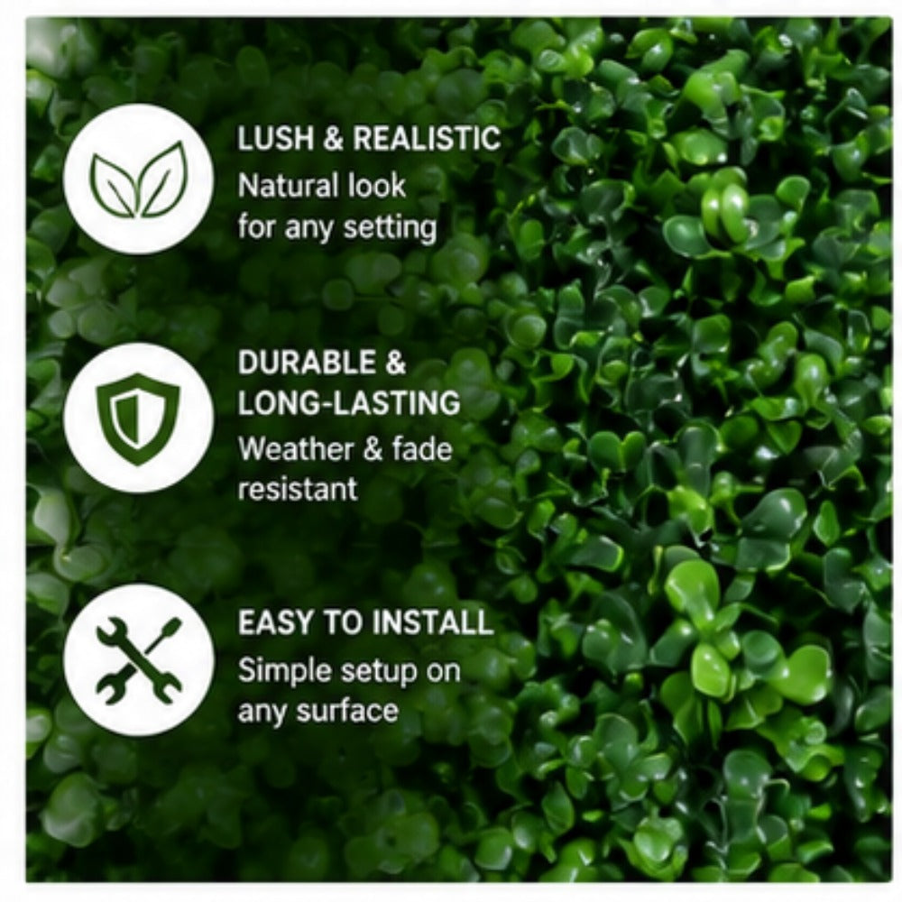 Faux Greenery Wall Panels, 24" x 16", UV Resistant Decorative Fence Screen, Ideal for Patio, Balcony, Garden, Backyard & Wedding Backdrop, Indoor & Outdoor Use