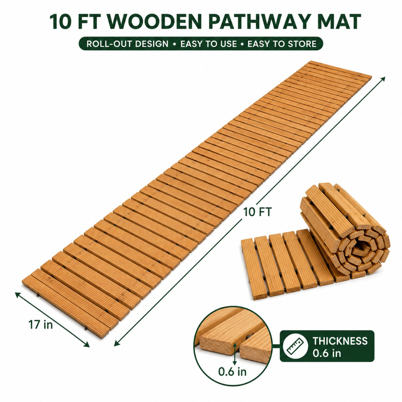 Roll-Up Natural Hardwood Garden Pathway Mat, Weather Resistant Outdoor Wooden Walkway, Multiple Sizes 8/10/12FT, Natural & Brown Color Options