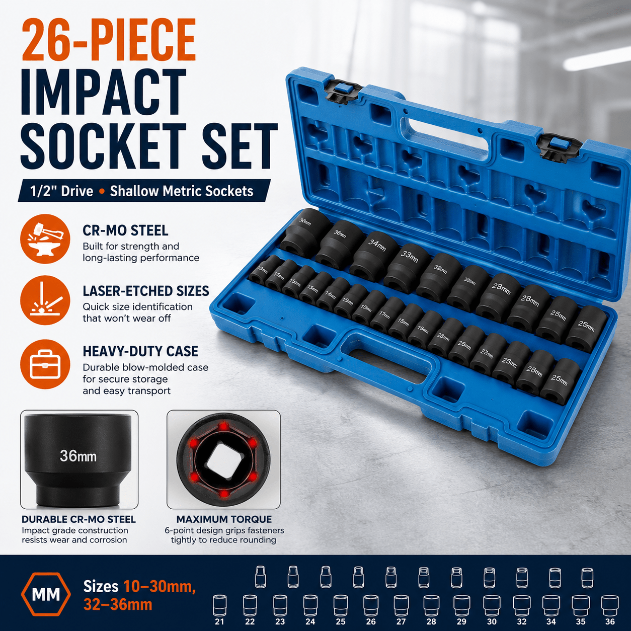 35-Piece 1/2" Drive Metric Impact Socket Set, 8–32 mm Cr-Mo Steel Sockets, 38 mm Shallow & 78 mm Deep Lengths, 6-Point Design, Black Phosphate Finish with 45 x 19 cm Steel Case 跨境标准翻译（标题 + 专业术语拆解 + 上架五点描述） 商品标题（亚马逊 / Shopify 商用译版） 35 件套 1/2 英寸方驱公制冲击