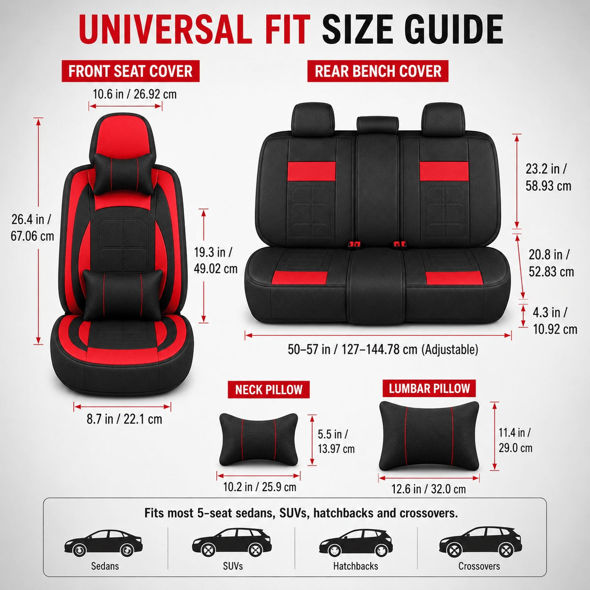Universal Full Set 5 Car Seat Covers for 5-Seater Vehicles, Waterproof Faux Leather Auto Seat Cushion Protector, Multiple Styles Black Red Pink Blue Orange Gray Car Seat Covers Interior Decoration for Sedan SUV Van Pickup Truck
