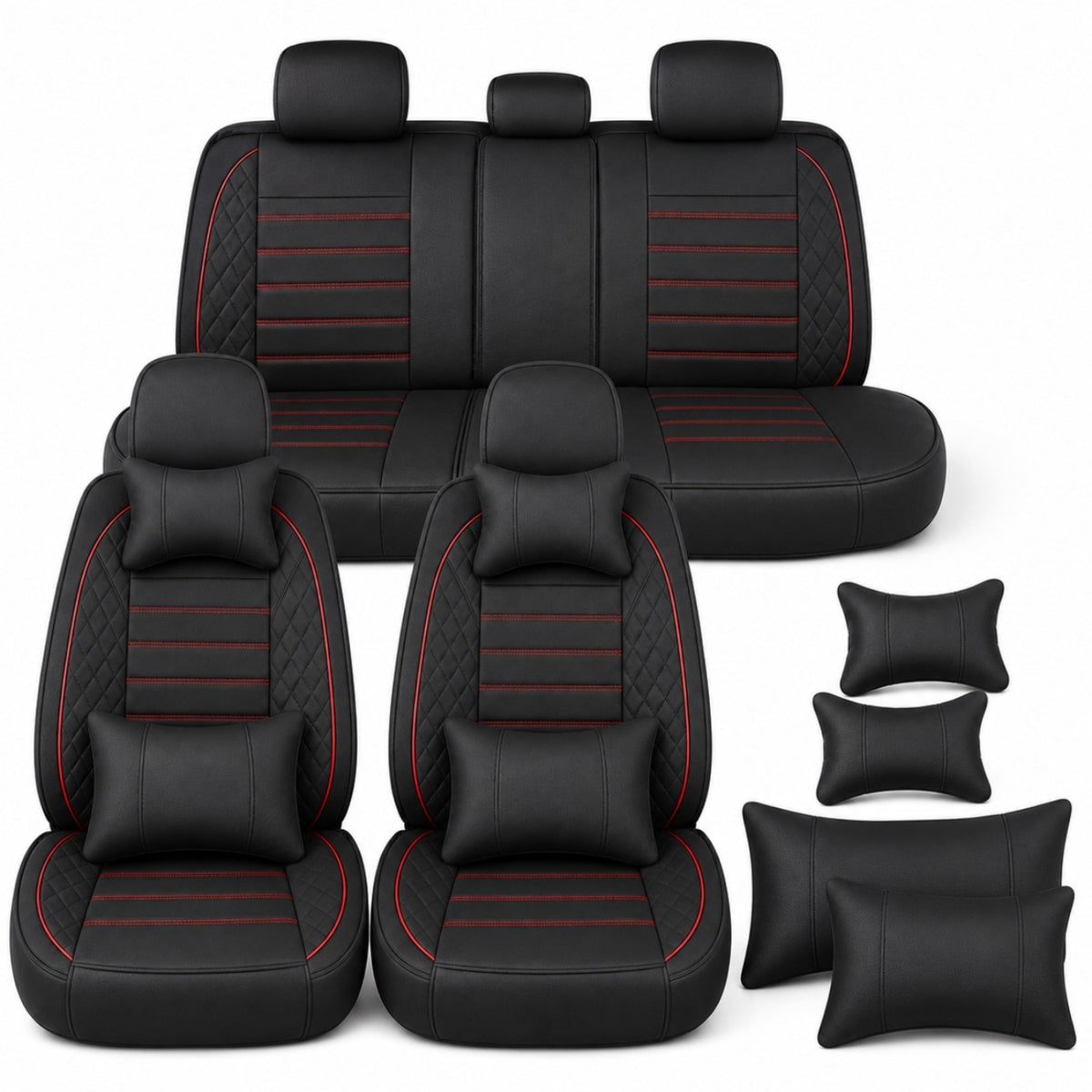 Universal Full Set 5 Car Seat Covers for 5-Seater Vehicles, Waterproof Faux Leather Auto Seat Cushion Protector, Multiple Styles Black Red Pink Blue Orange Gray Car Seat Covers Interior Decoration for Sedan SUV Van Pickup Truck