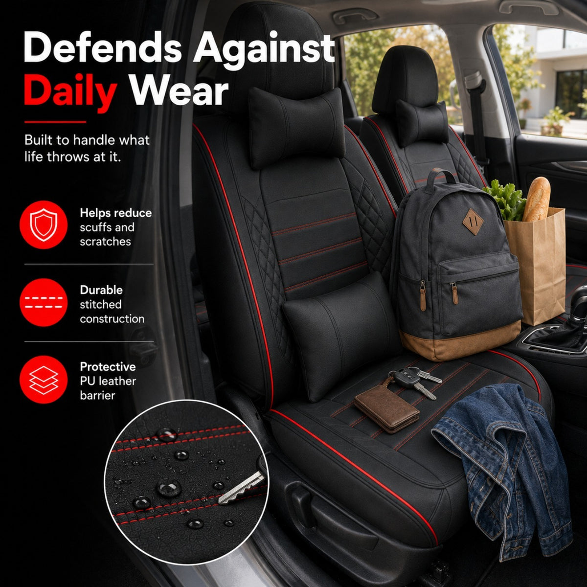 Universal Full Set 5 Car Seat Covers for 5-Seater Vehicles, Waterproof Faux Leather Auto Seat Cushion Protector, Multiple Styles Black Red Pink Blue Orange Gray Car Seat Covers Interior Decoration for Sedan SUV Van Pickup Truck