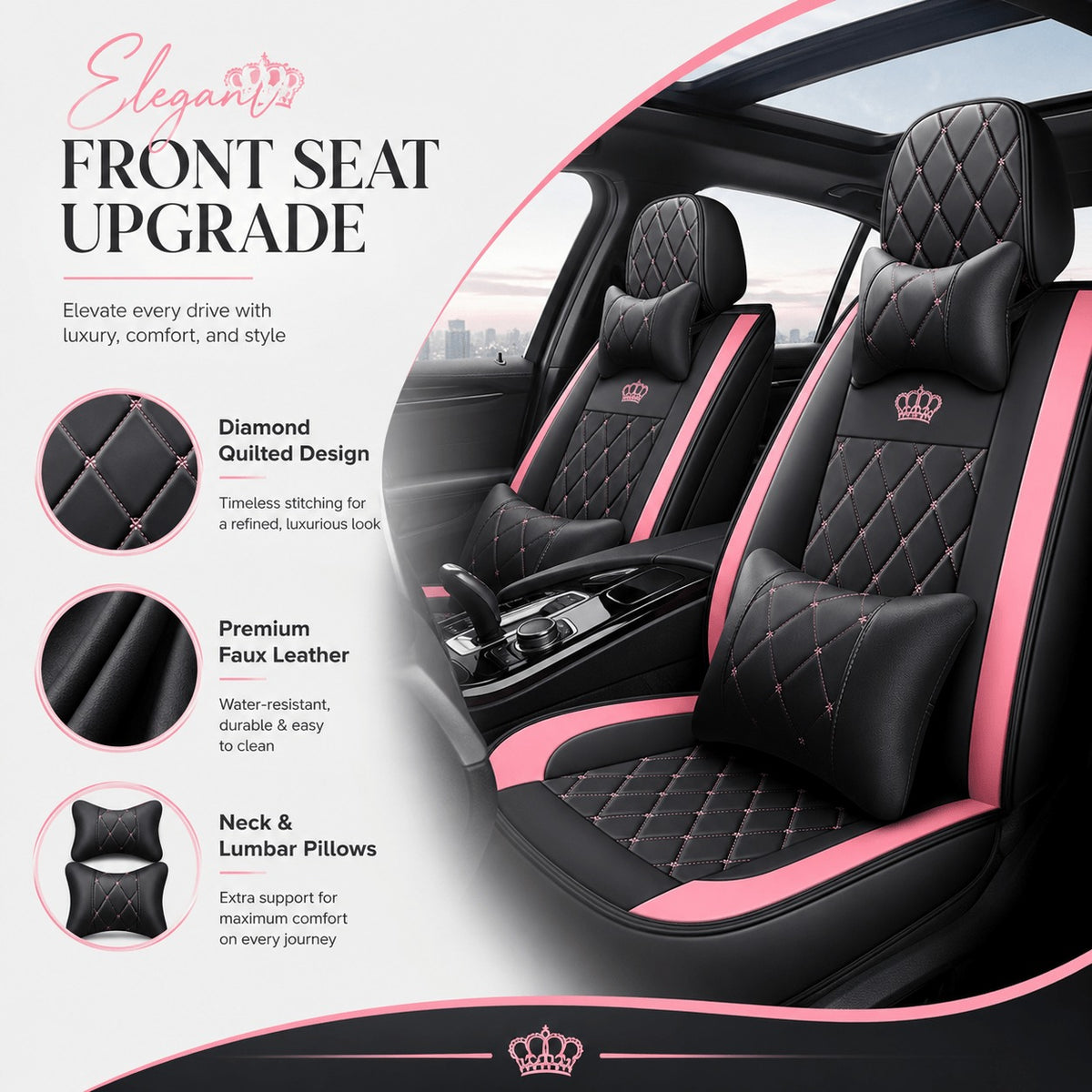 Universal Full Set 5 Car Seat Covers for 5-Seater Vehicles, Waterproof Faux Leather Auto Seat Cushion Protector, Multiple Styles Black Red Pink Blue Orange Gray Car Seat Covers Interior Decoration for Sedan SUV Van Pickup Truck