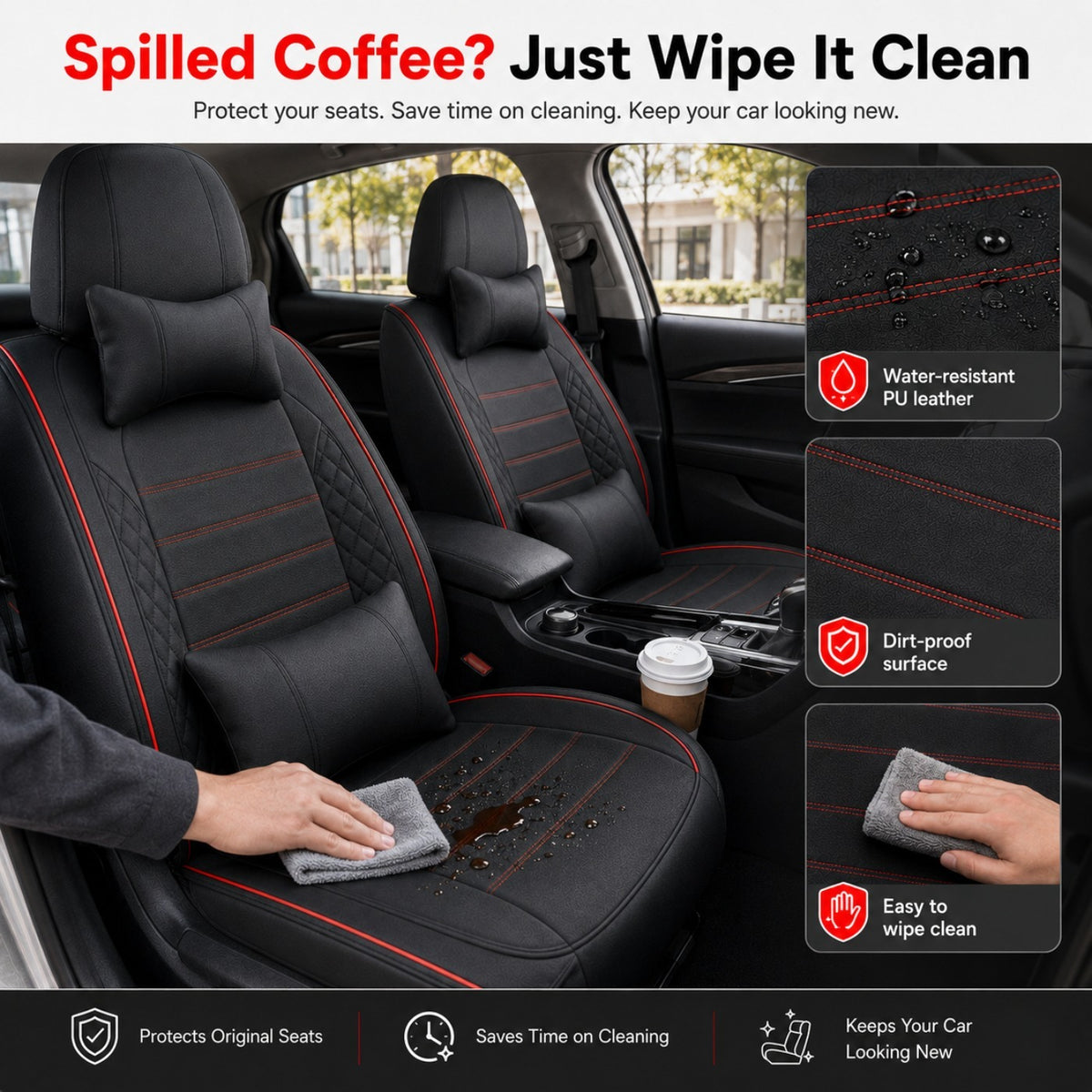 Universal Full Set 5 Car Seat Covers for 5-Seater Vehicles, Waterproof Faux Leather Auto Seat Cushion Protector, Multiple Styles Black Red Pink Blue Orange Gray Car Seat Covers Interior Decoration for Sedan SUV Van Pickup Truck