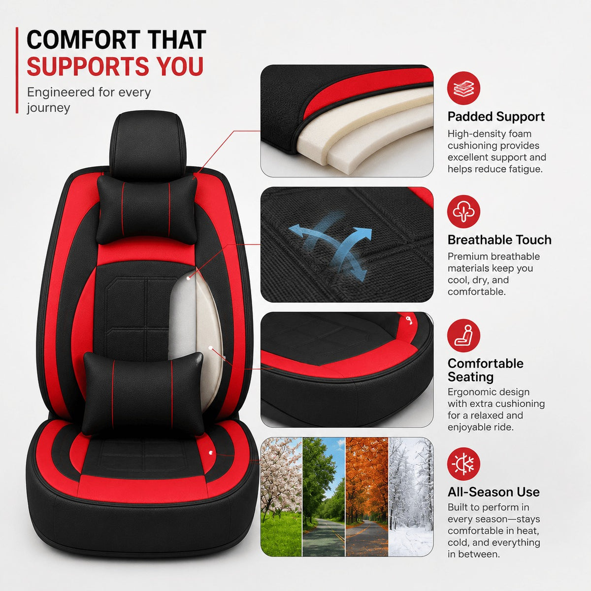 Universal Full Set 5 Car Seat Covers for 5-Seater Vehicles, Waterproof Faux Leather Auto Seat Cushion Protector, Multiple Styles Black Red Pink Blue Orange Gray Car Seat Covers Interior Decoration for Sedan SUV Van Pickup Truck