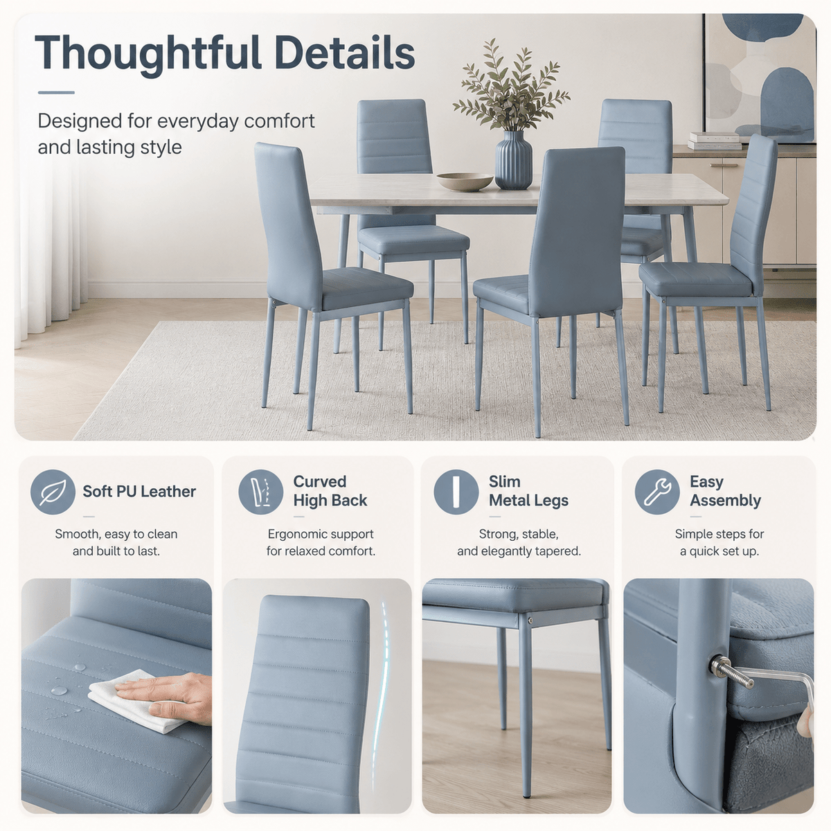 Leather Upholstered Dining Chairs, Metal Leg Kitchen Side Chairs with Thick Cushions, Set 1/2/4