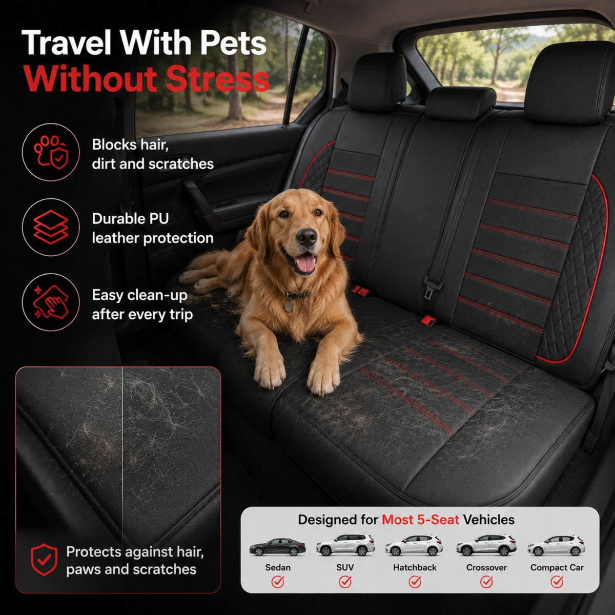 Universal Full Set 5 Car Seat Covers for 5-Seater Vehicles, Waterproof Faux Leather Auto Seat Cushion Protector, Multiple Styles Black Red Pink Blue Orange Gray Car Seat Covers Interior Decoration for Sedan SUV Van Pickup Truck