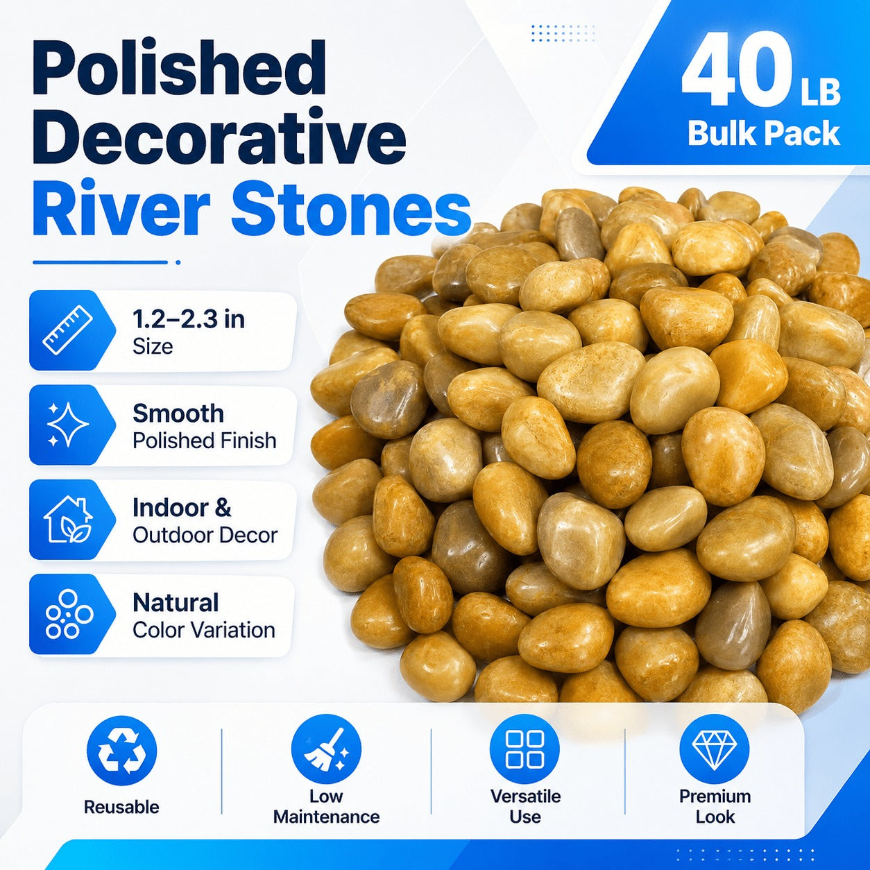 StoneCreek River Stones | Decorative Garden Stones for Plant Beautification | Polished Gravel for Home Decor, Vases, Succulents, Flower Beds & Fish Tanks