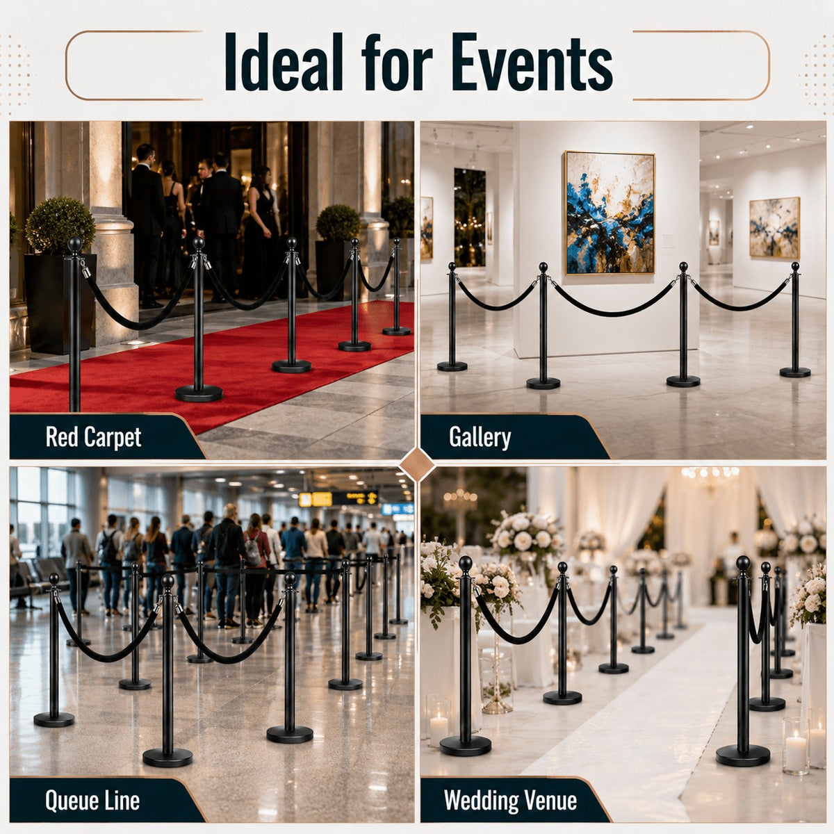 Crowd Control Stanchion Multiple Styles | Retractable Belt & Velvet Rope Queue Barrier Posts for Events, Weddings, Red Carpet & Venue Line Management