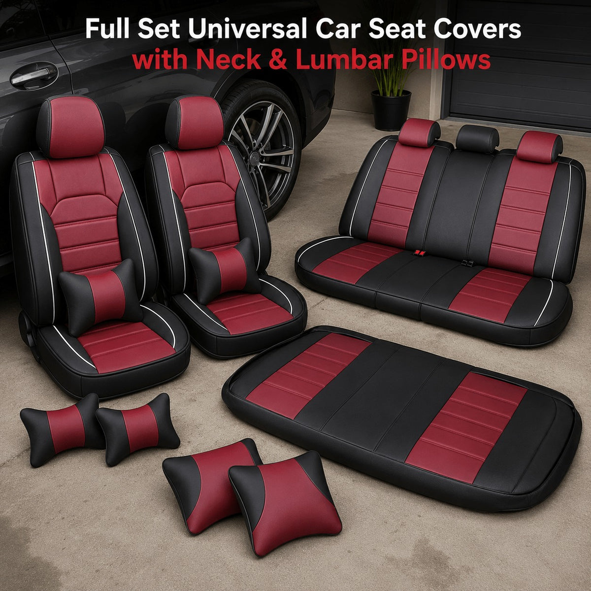 Universal Full Set 5 Car Seat Covers for 5-Seater Vehicles, Waterproof Faux Leather Auto Seat Cushion Protector, Multiple Styles Black Red Pink Blue Orange Gray Car Seat Covers Interior Decoration for Sedan SUV Van Pickup Truck
