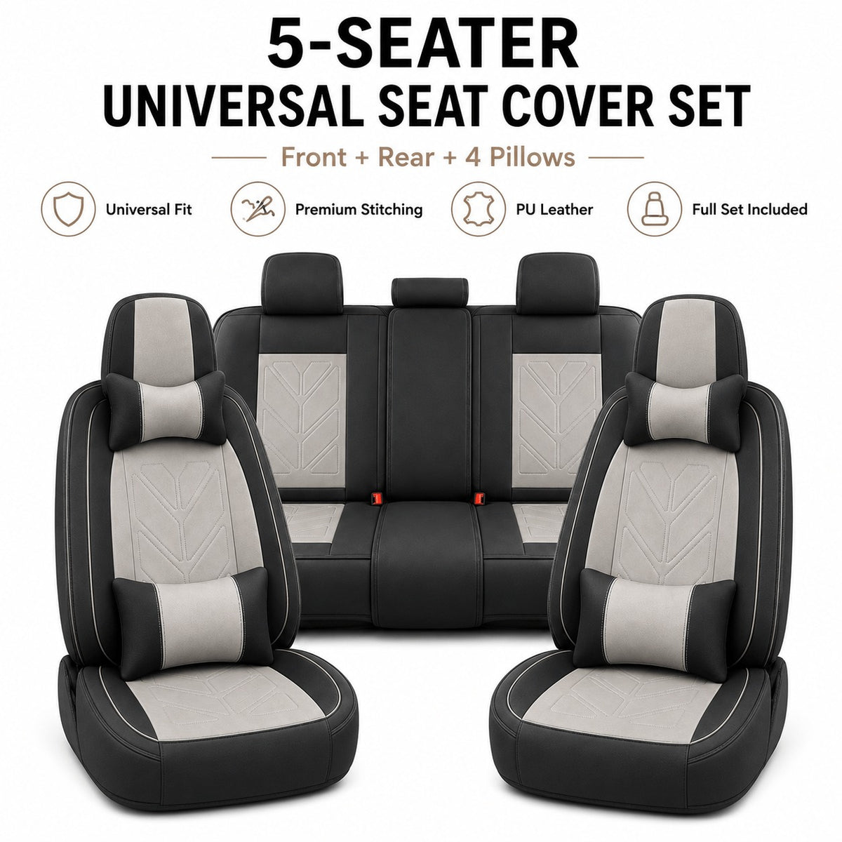Universal Full Set 5 Car Seat Covers for 5-Seater Vehicles, Waterproof Faux Leather Auto Seat Cushion Protector, Multiple Styles Black Red Pink Blue Orange Gray Car Seat Covers Interior Decoration for Sedan SUV Van Pickup Truck
