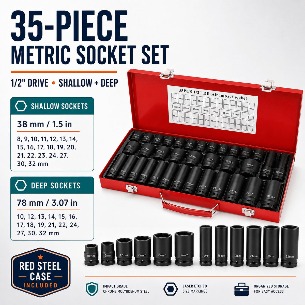 Professional 1/2" Drive Impact Socket Set, SAE 7/16" -1" & Metric 13-24mm 6 Point Cr-V Steel Socketswith Ratchet Wrench, Heavy Duty Storage Case for Auto Truck Household Repair