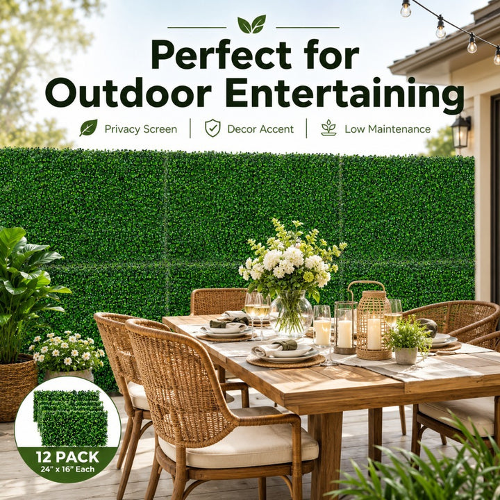 Faux Greenery Wall Panels, 24" x 16", UV Resistant Decorative Fence Screen, Ideal for Patio, Balcony, Garden, Backyard & Wedding Backdrop, Indoor & Outdoor Use