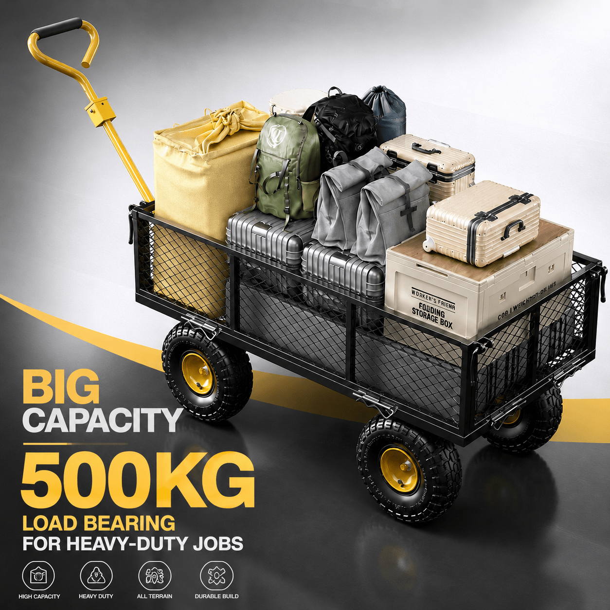 500kg Steel Hand Truck & Utility Cart, Side-Loading Multi-Purpose Trolley, Heavy-Duty Outdoor Wagon for Rural, Garden and Warehouse Loading
