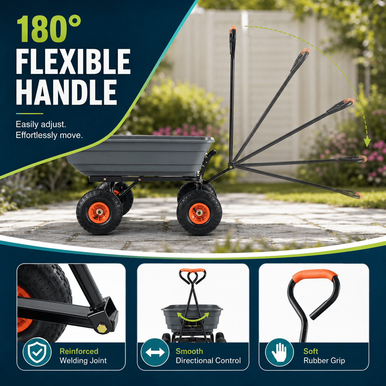 Heavy Duty Garden Wagon Cart, 350 KG Max Load Utility Yard Cart, 4 Cu Ft PP Tub, 10" Pneumatic Tires, 180° Handle, Overall 74.80"L x 25"W x 20.87"H
