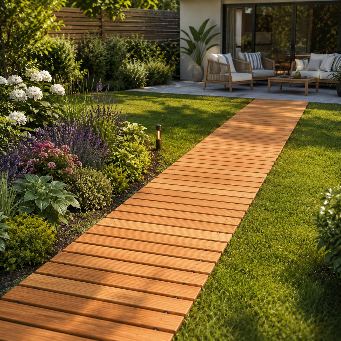 Roll-Up Natural Hardwood Garden Pathway Mat, Weather Resistant Outdoor Wooden Walkway, Multiple Sizes 8/10/12FT, Natural & Brown Color Options