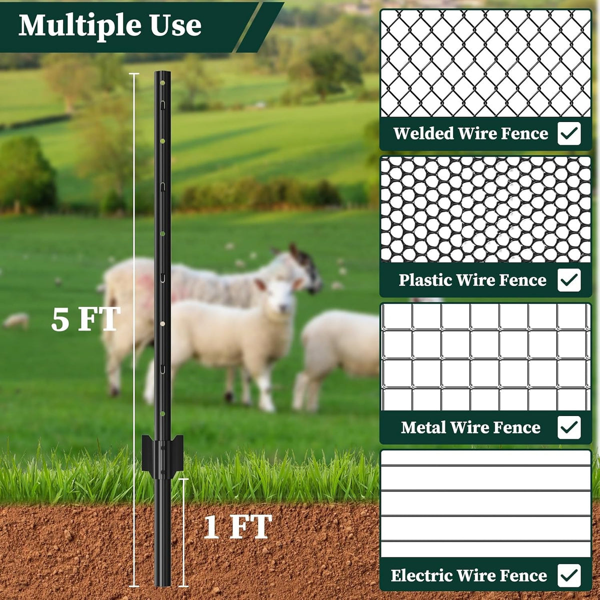4/5/6/7FT Metal Fence Posts, 10-Pack Heavy Duty Green T-Posts for Outdoor Garden Fencing, Metal Fence Stakes for Outdoor Garden & Yard Fencing, Sturdy and Practical Design