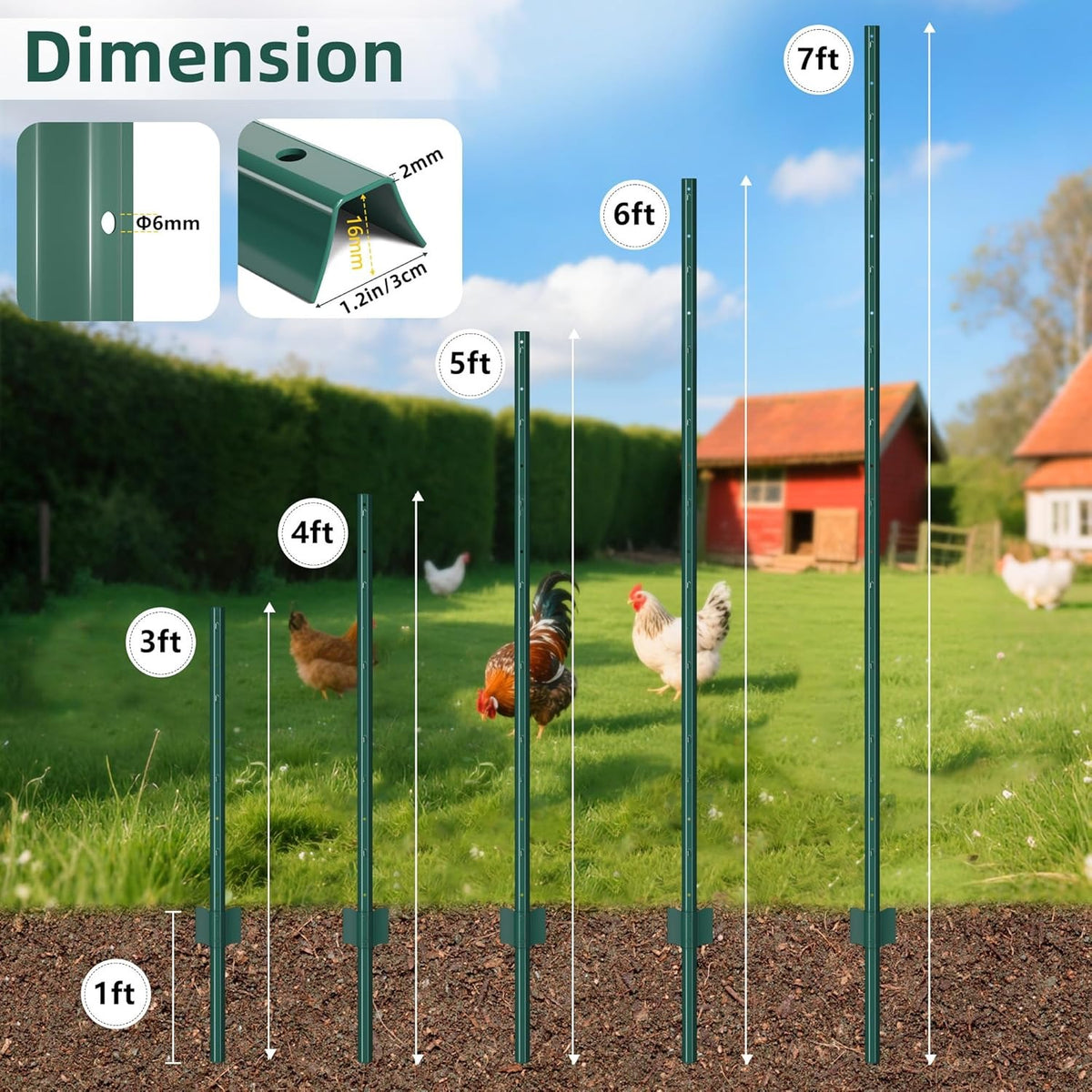 4/5/6/7FT Metal Fence Posts, 10-Pack Heavy Duty Green T-Posts for Outdoor Garden Fencing, Metal Fence Stakes for Outdoor Garden & Yard Fencing, Sturdy and Practical Design