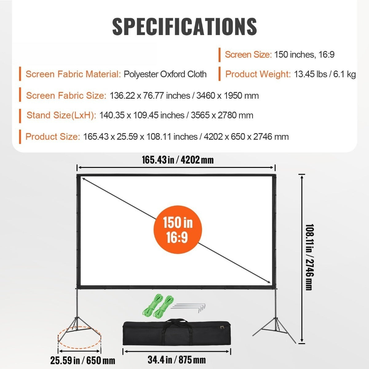 100/120/150 inch Projector Screen with Stand, 16:9 4K HD Portable Projection Screen for Indoor Outdoor Home Theater, Backyard Movie Night