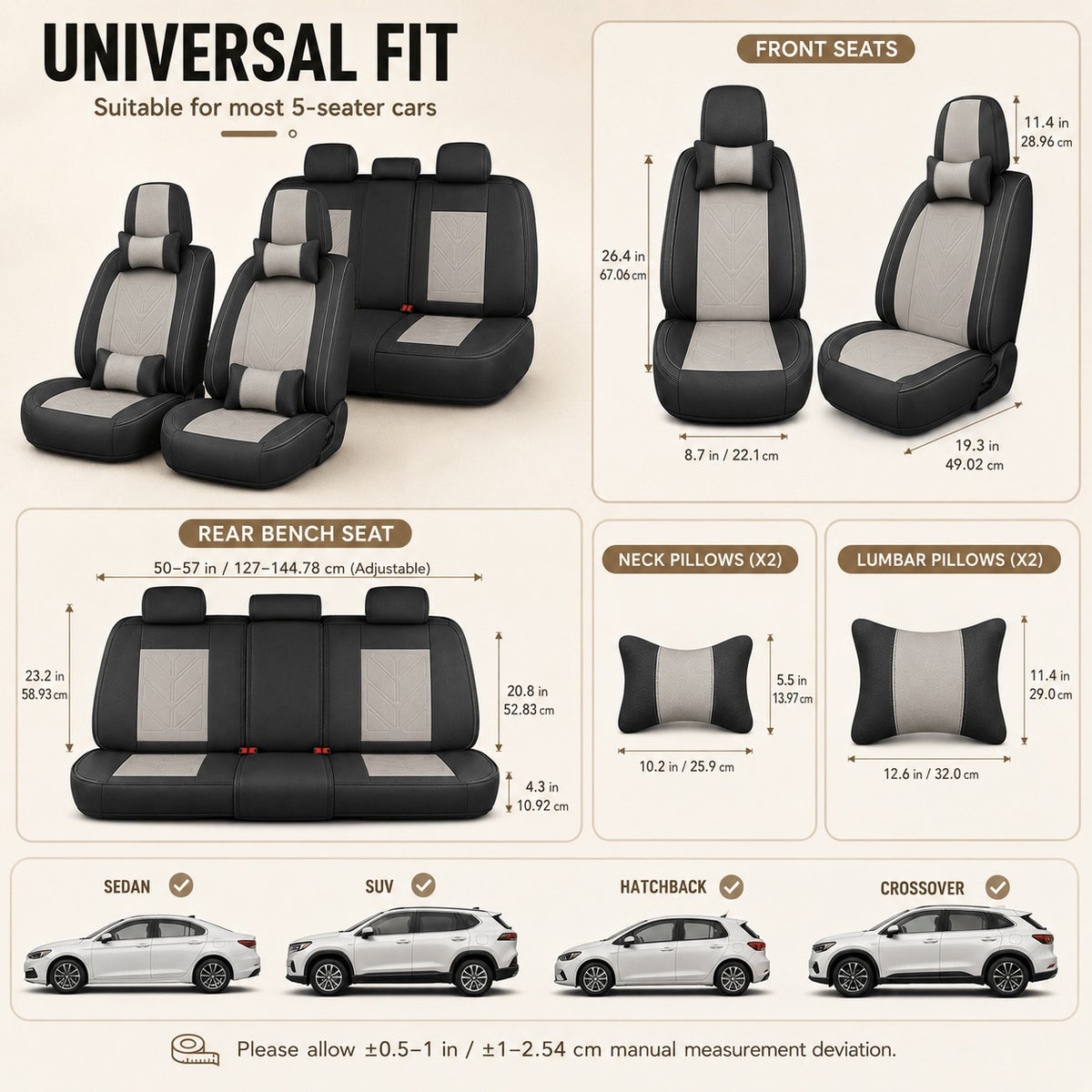 Universal Full Set 5 Car Seat Covers for 5-Seater Vehicles, Waterproof Faux Leather Auto Seat Cushion Protector, Multiple Styles Black Red Pink Blue Orange Gray Car Seat Covers Interior Decoration for Sedan SUV Van Pickup Truck