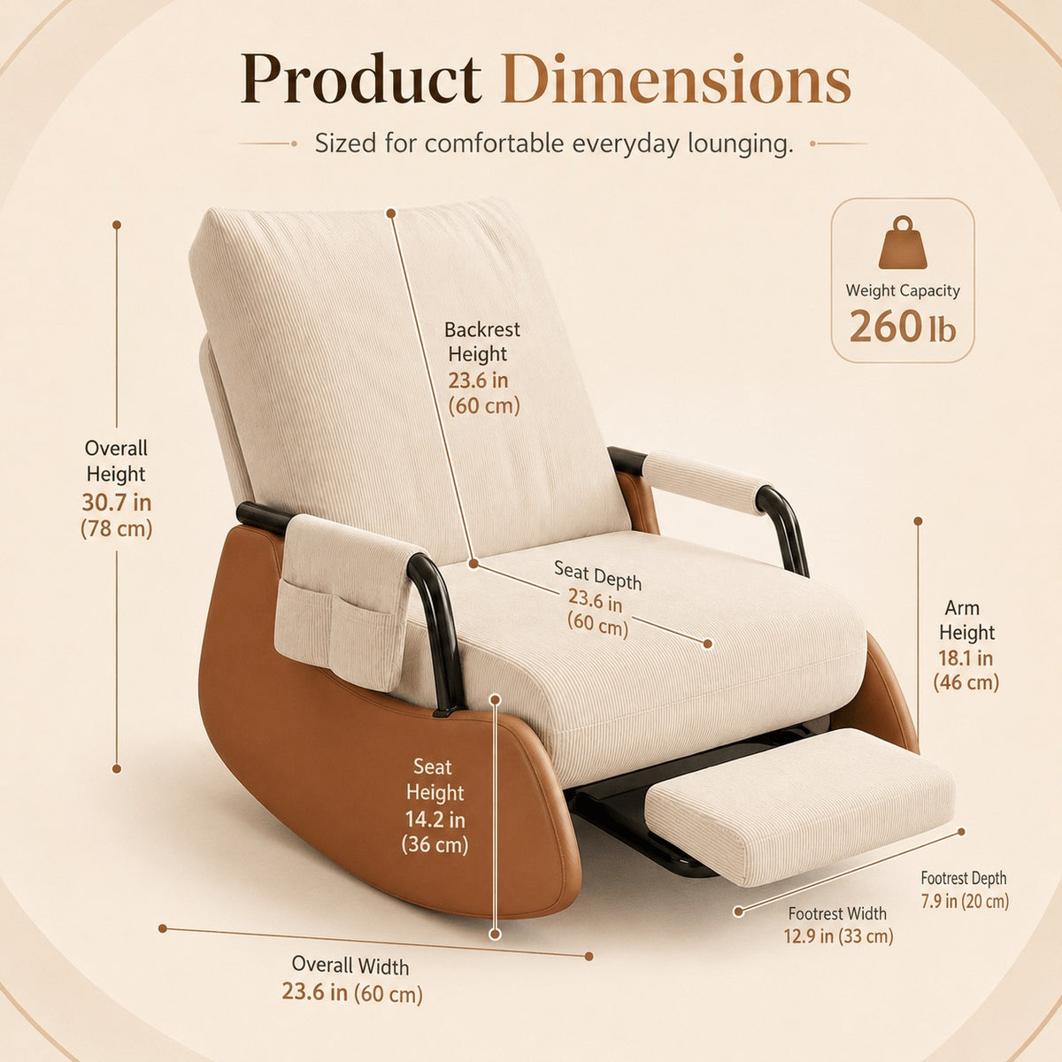 Foldable High Back Glide Rocker, Plush Seat & Footrest Sofa for Home Balcony