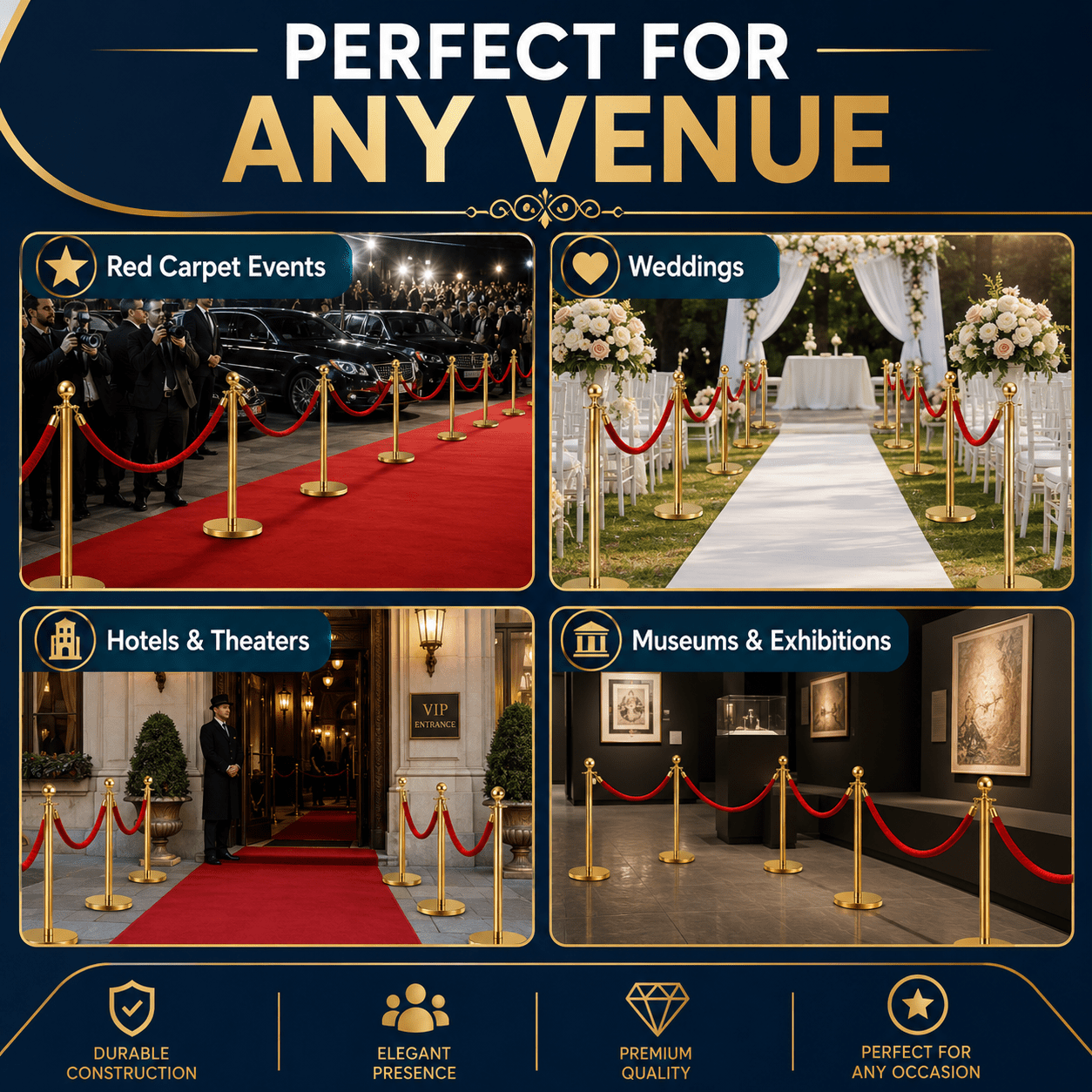 Crowd Control Stanchion Multiple Styles | Retractable Belt & Velvet Rope Queue Barrier Posts for Events, Weddings, Red Carpet & Venue Line Management