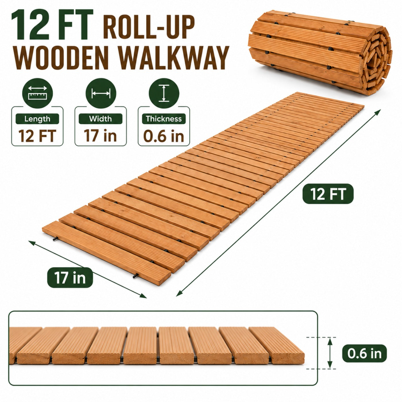 Roll-Up Natural Hardwood Garden Pathway Mat, Weather Resistant Outdoor Wooden Walkway, Multiple Sizes 8/10/12FT, Natural & Brown Color Options