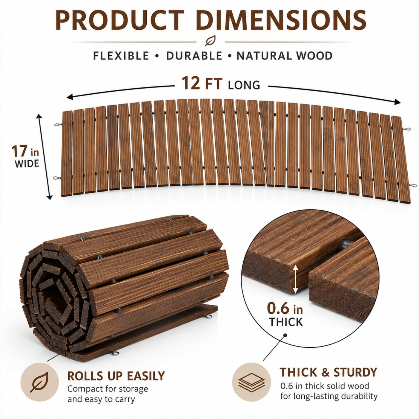 Roll-Up Natural Hardwood Garden Pathway Mat, Weather Resistant Outdoor Wooden Walkway, Multiple Sizes 8/10/12FT, Natural & Brown Color Options