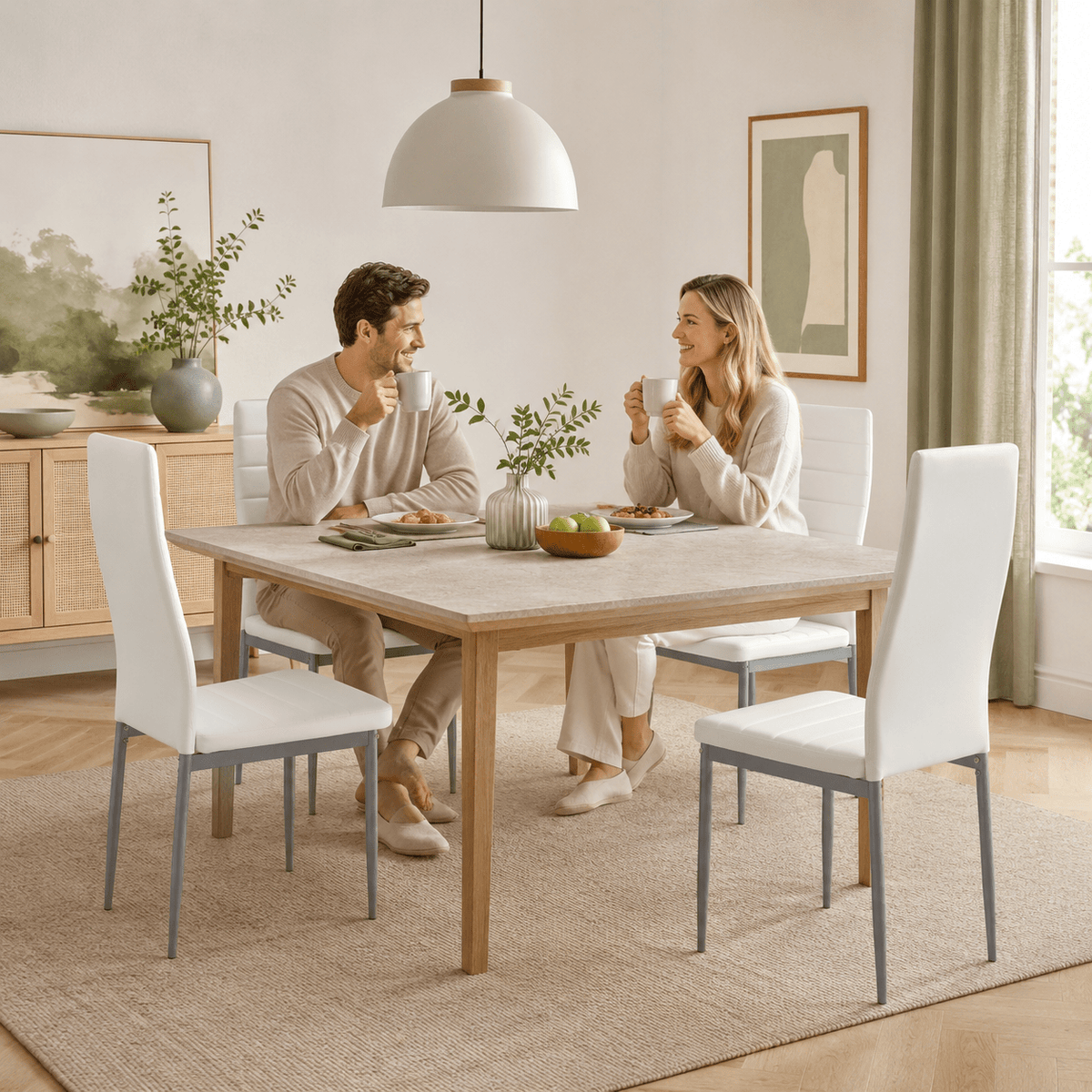 Modern Leather Accent Dining Chairs 1/2/4, Space Saving Metal Leg Kitchen Chairs with Thick Cushions