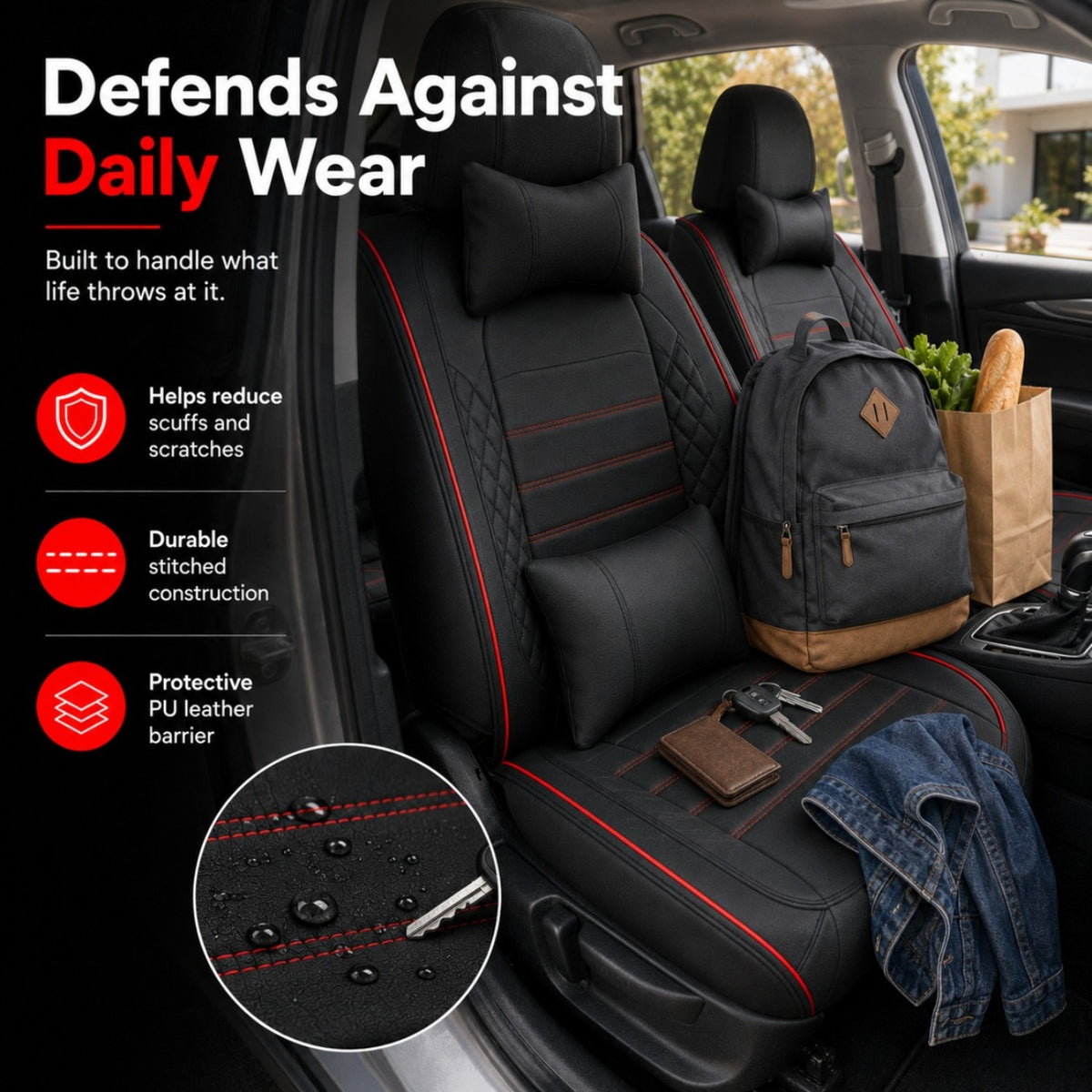 Universal Full Set 5 Car Seat Covers for 5-Seater Vehicles, Waterproof Faux Leather Auto Seat Cushion Protector, Multiple Styles Black Red Pink Blue Orange Gray Car Seat Covers Interior Decoration for Sedan SUV Van Pickup Truck