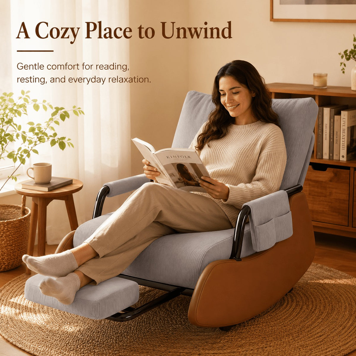 Adjustable Corduroy Rocker Recliner with Footrest & Side Pocket for Nursery Bedroom