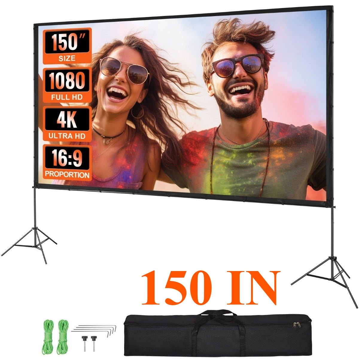 100/120/150 inch Projector Screen with Stand, 16:9 4K HD Portable Projection Screen for Indoor Outdoor Home Theater, Backyard Movie Night