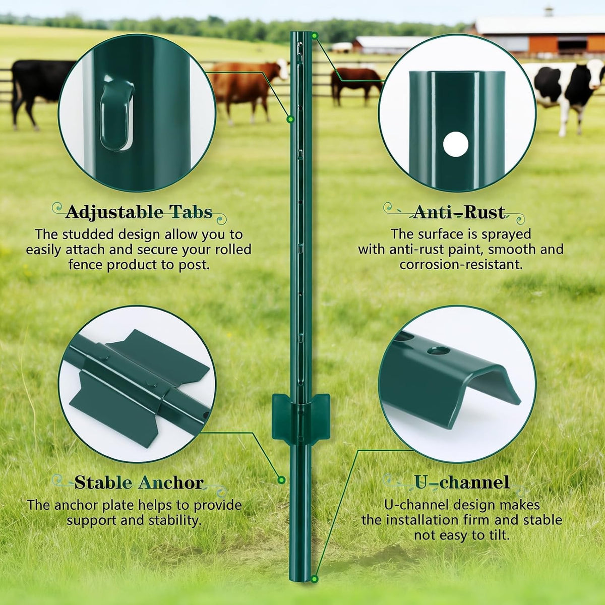 4/5/6/7FT Metal Fence Posts, 10-Pack Heavy Duty Green T-Posts for Outdoor Garden Fencing, Metal Fence Stakes for Outdoor Garden & Yard Fencing, Sturdy and Practical Design