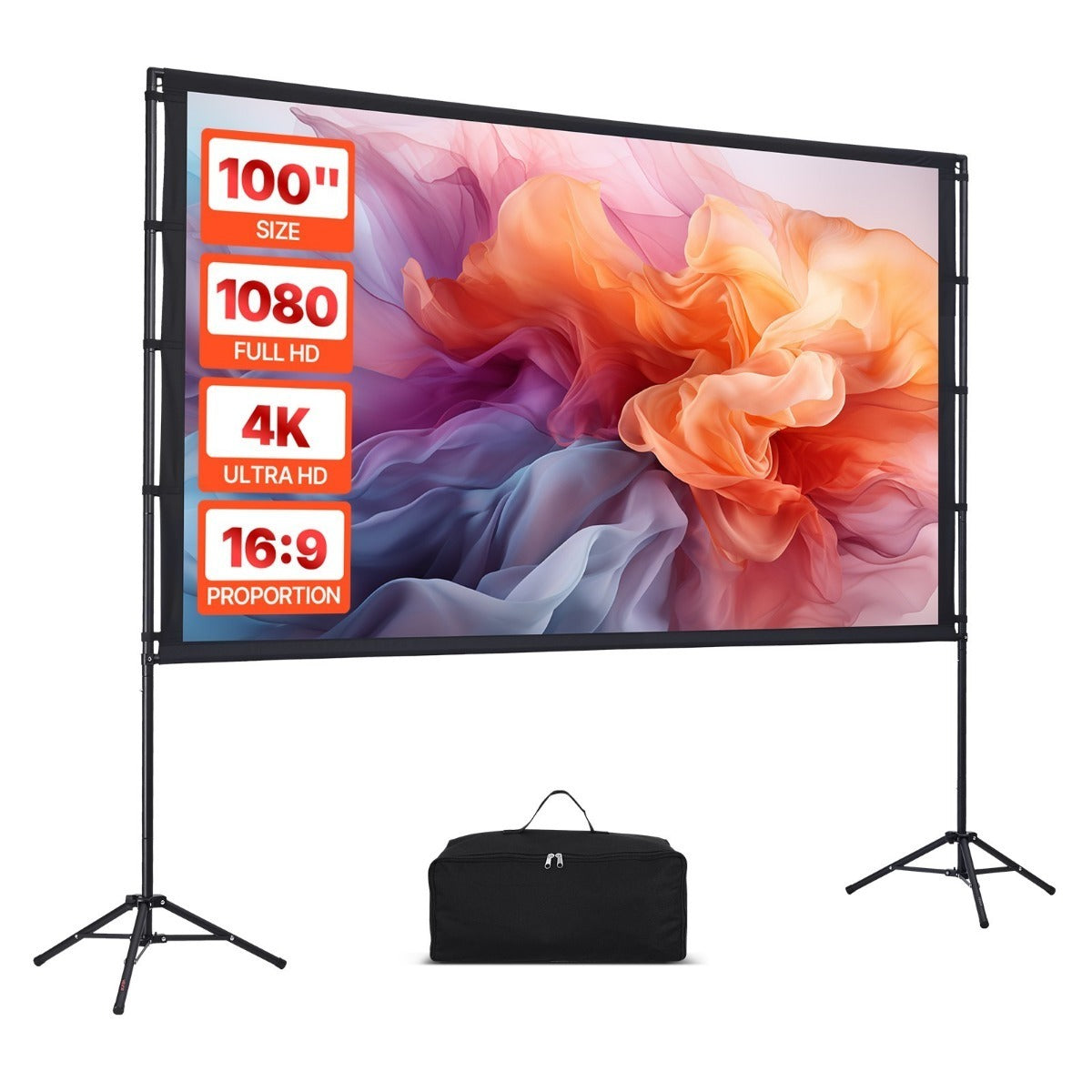 100/120/150 inch Projector Screen with Stand, 16:9 4K HD Portable Projection Screen for Indoor Outdoor Home Theater, Backyard Movie Night