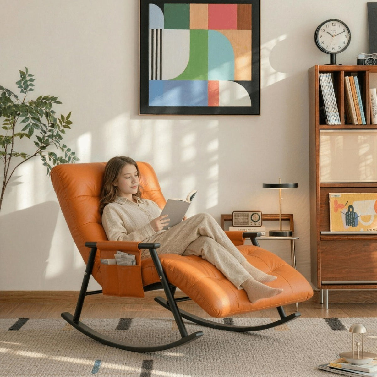 5-Position Reclining Modern Indoor Rocking Chair with Side Pocket