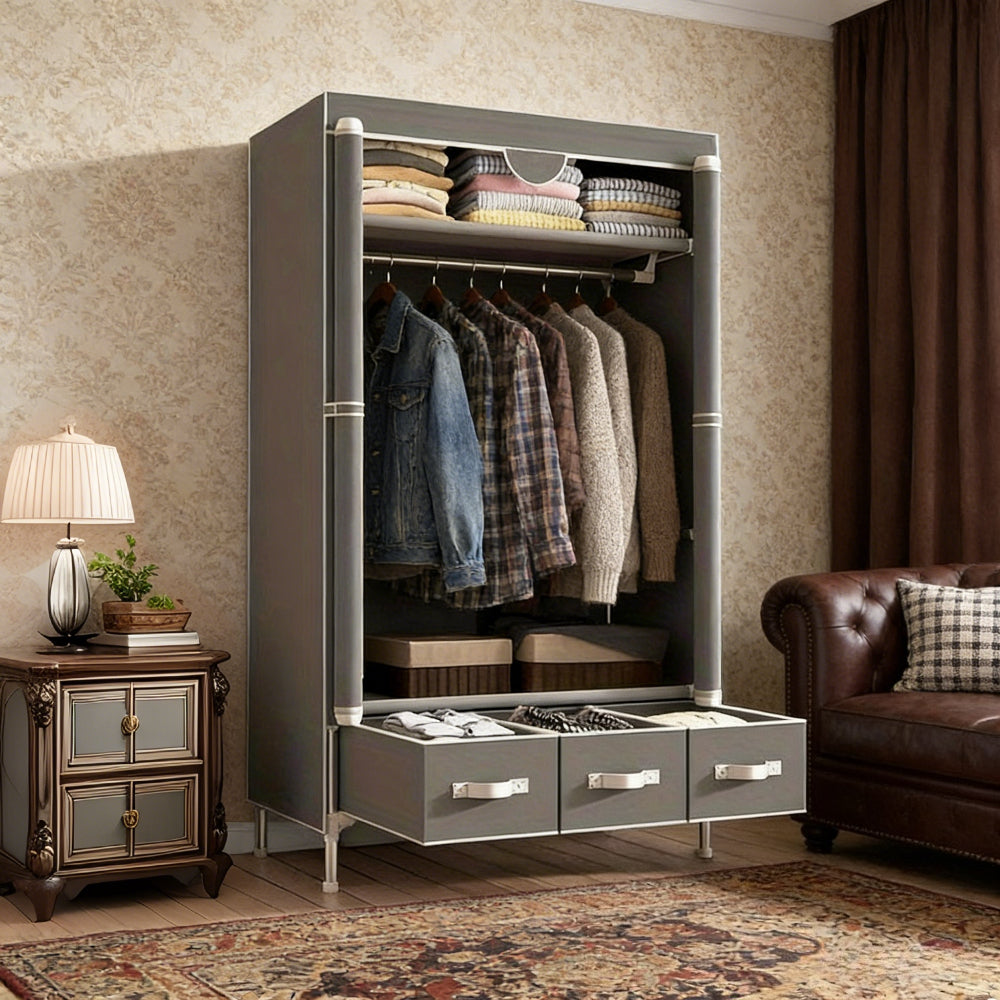 Portable Fabric Wardrobe with 3 Drawers, 90cm Gray Clothes Storage Organizer, 170cm Tall Closet with Hanging Rod for Bedroom, Dorm & Small Spaces
