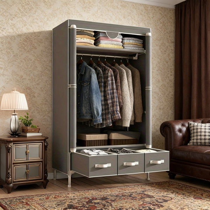 Portable Fabric Wardrobe with 3 Drawers, 90cm Gray Clothes Storage Organizer, 170cm Tall Closet with Hanging Rod for Bedroom, Dorm & Small Spaces