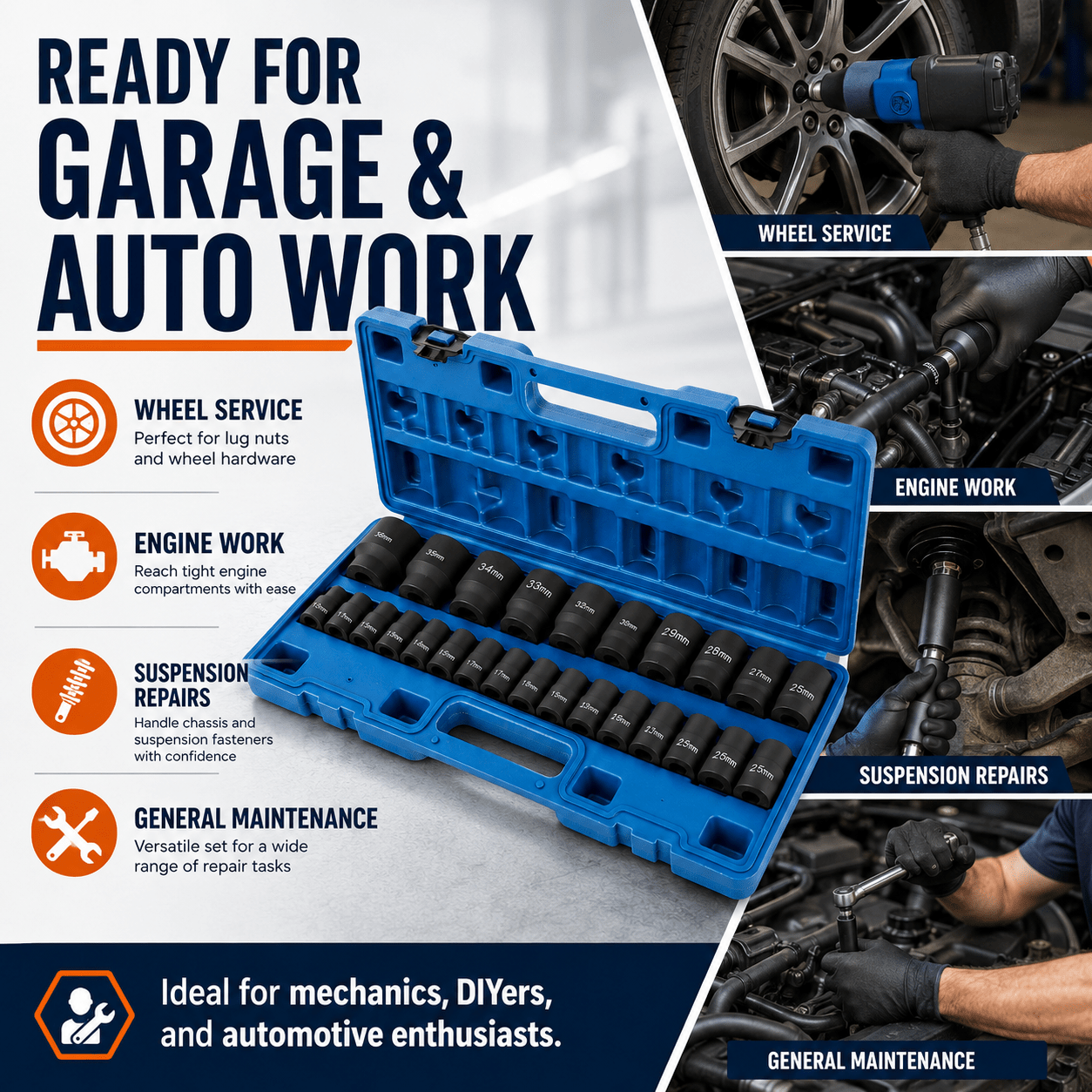 35-Piece 1/2" Drive Metric Impact Socket Set, 8–32 mm Cr-Mo Steel Sockets, 38 mm Shallow & 78 mm Deep Lengths, 6-Point Design, Black Phosphate Finish with 45 x 19 cm Steel Case 跨境标准翻译（标题 + 专业术语拆解 + 上架五点描述） 商品标题（亚马逊 / Shopify 商用译版） 35 件套 1/2 英寸方驱公制冲击