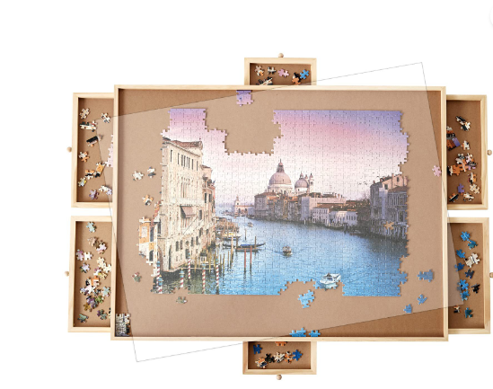 Adjustable Jigsaw Puzzle Table, Fits 1500 & 2000 Piece Puzzles, Portable Wooden Puzzle Board with Storage Drawers for Adults Puzzle Lovers