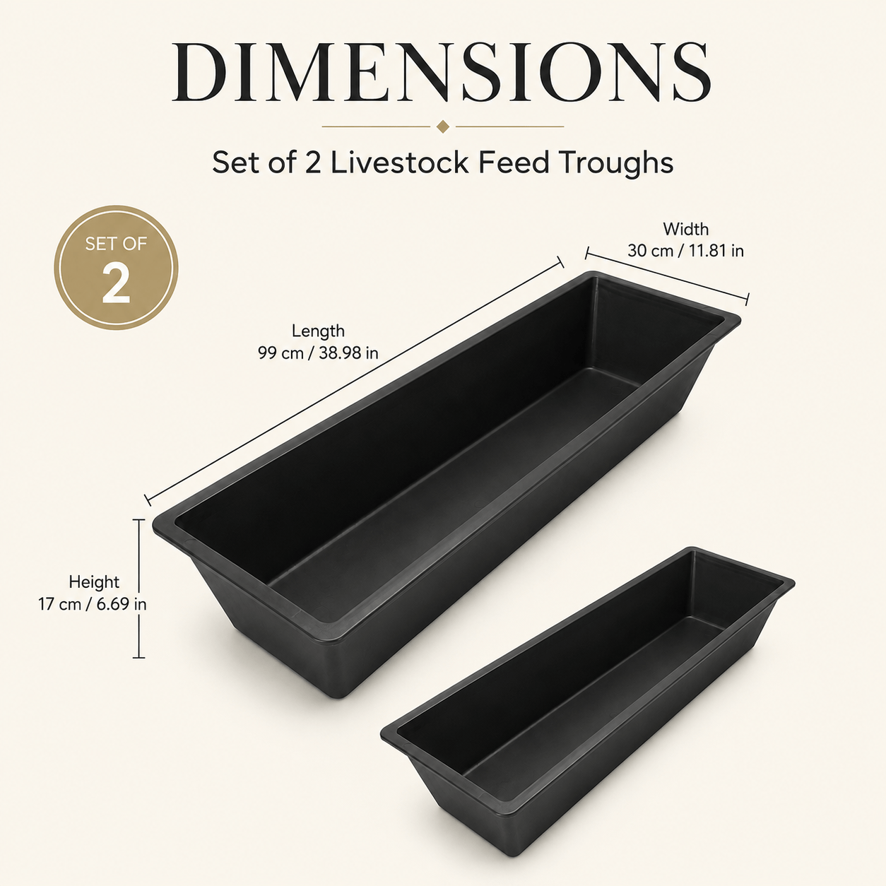 Set of 2, 4-Piece Livestock Feed Troughs, Heavy Duty Animal Feeding Troughs 99 x 30 x 17 cm, Large Capacity Black Feed Containers, Suitable for Horses, Goats, Sheep, Cattle, Poultry, Farms & Stables