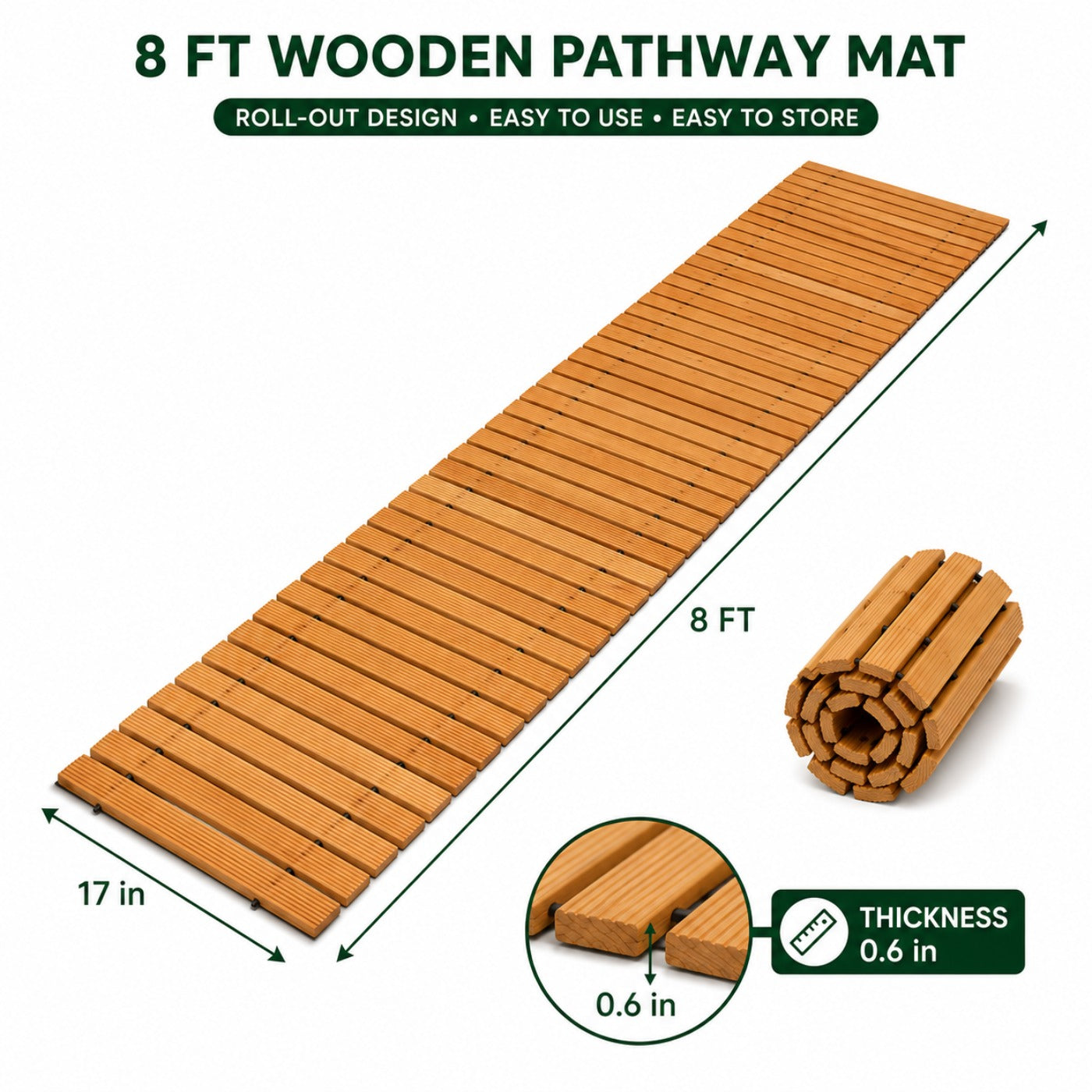 Roll-Up Natural Hardwood Garden Pathway Mat, Weather Resistant Outdoor Wooden Walkway, Multiple Sizes 8/10/12FT, Natural & Brown Color Options