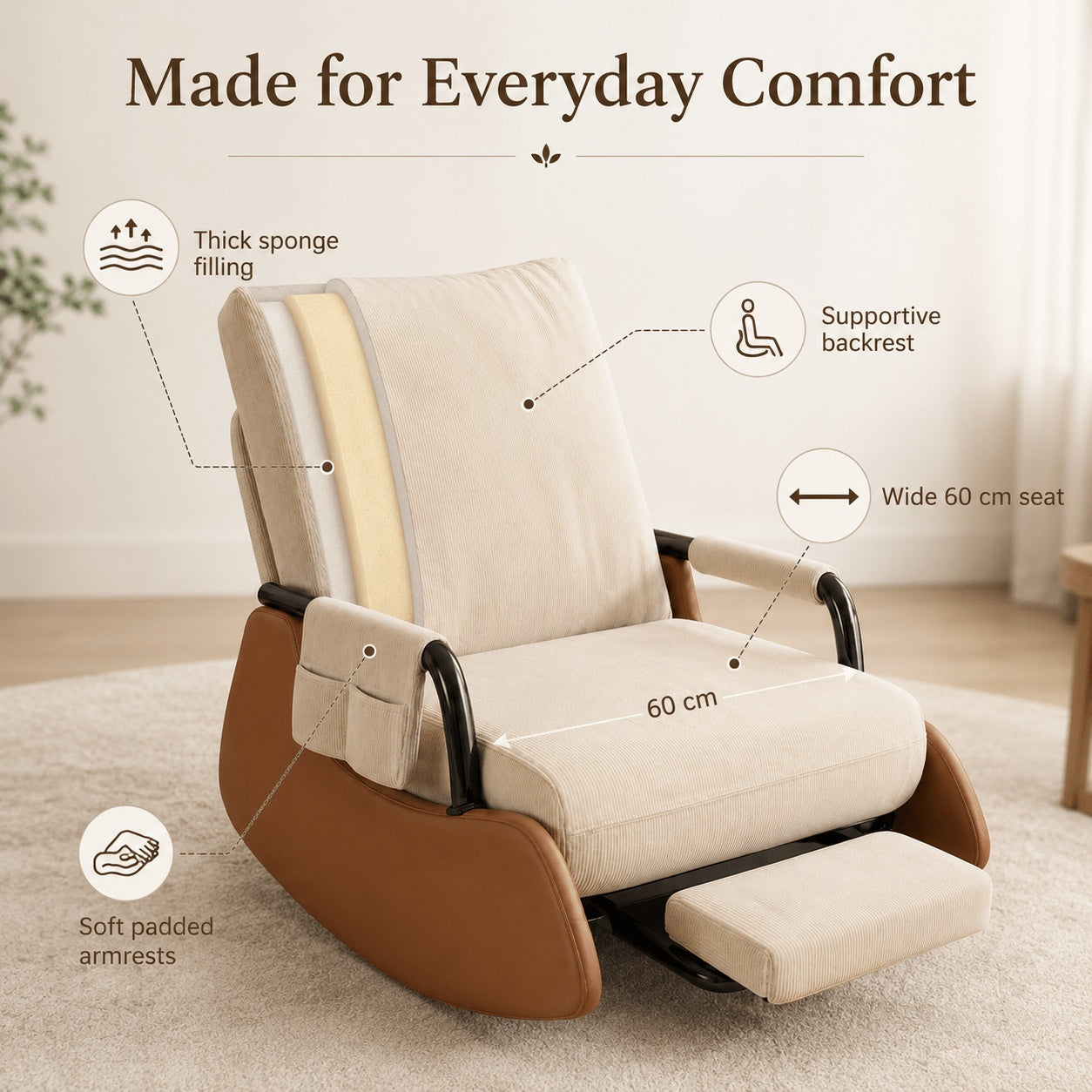 Folding Recliner Chair with Footrest, Corduroy Lazy Sofa Chair, 3-Level Adjustable Backrest, 60cm Thick Sponge Cushion, PU Leather Side Panels & Metal Frame, for Living Room & Bedroom