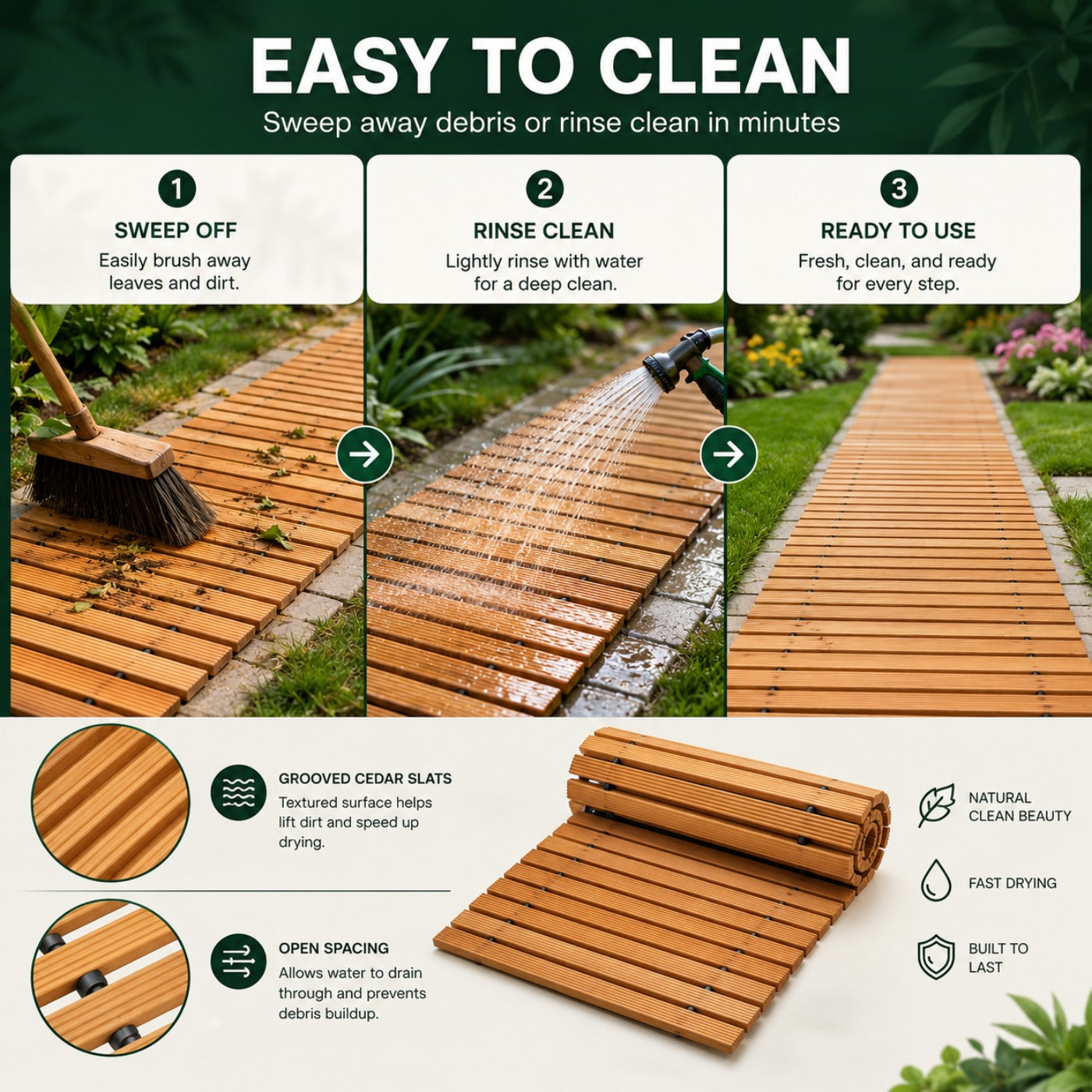 Roll-Up Natural Hardwood Garden Pathway Mat, Weather Resistant Outdoor Wooden Walkway, Multiple Sizes 8/10/12FT, Natural & Brown Color Options