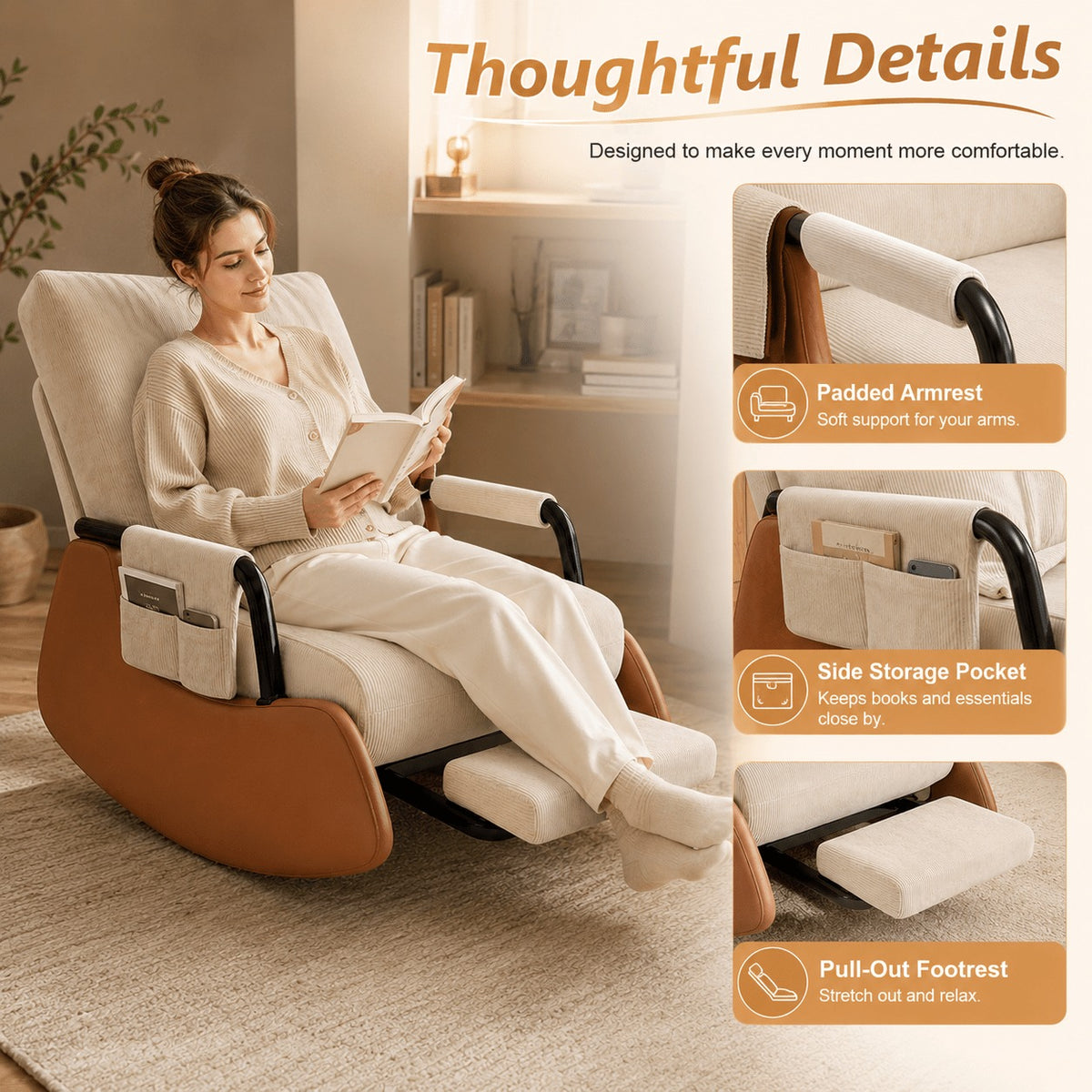 Foldable High Back Glide Rocker, Plush Seat & Footrest Sofa for Home Balcony