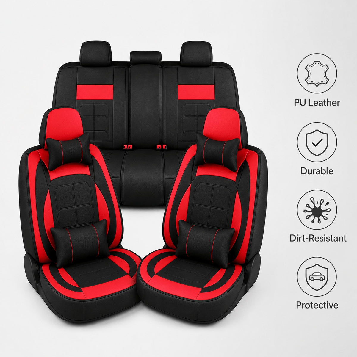 Universal Full Set 5 Car Seat Covers for 5-Seater Vehicles, Waterproof Faux Leather Auto Seat Cushion Protector, Multiple Styles Black Red Pink Blue Orange Gray Car Seat Covers Interior Decoration for Sedan SUV Van Pickup Truck