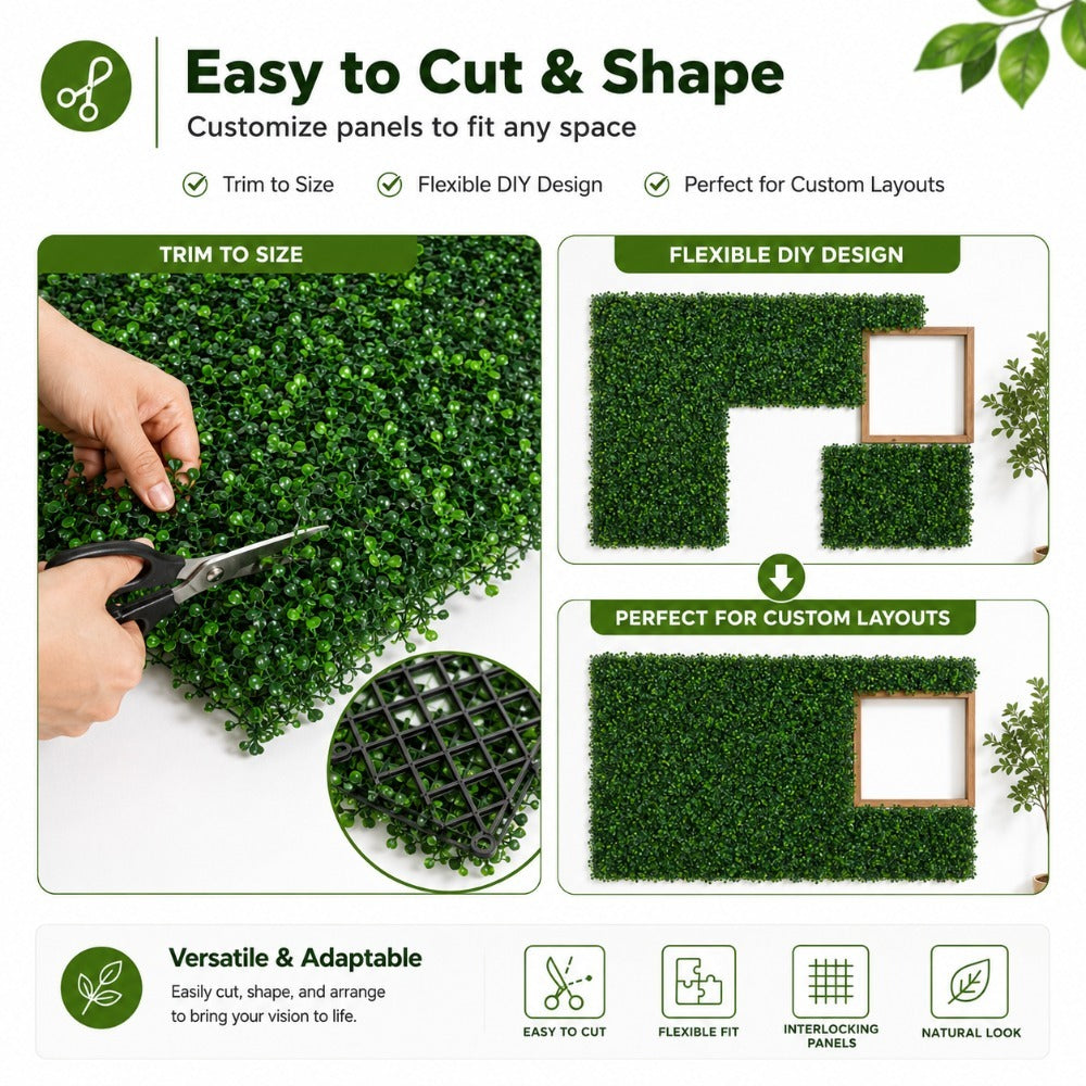 Faux Greenery Wall Panels, 24" x 16", UV Resistant Decorative Fence Screen, Ideal for Patio, Balcony, Garden, Backyard & Wedding Backdrop, Indoor & Outdoor Use