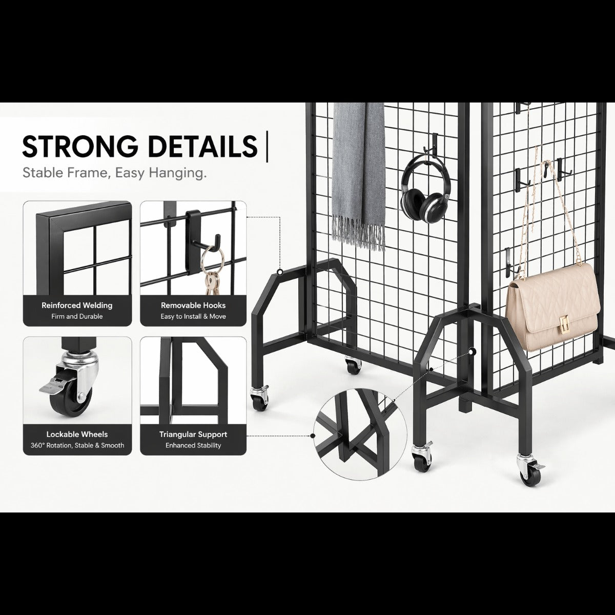 Wall Mount & Mobile Metal Wire Grid Wall Panel, Multi-Size Grid Display Wall for Home Decor, Retail Shop Exhibition Display, Black White Gold Available