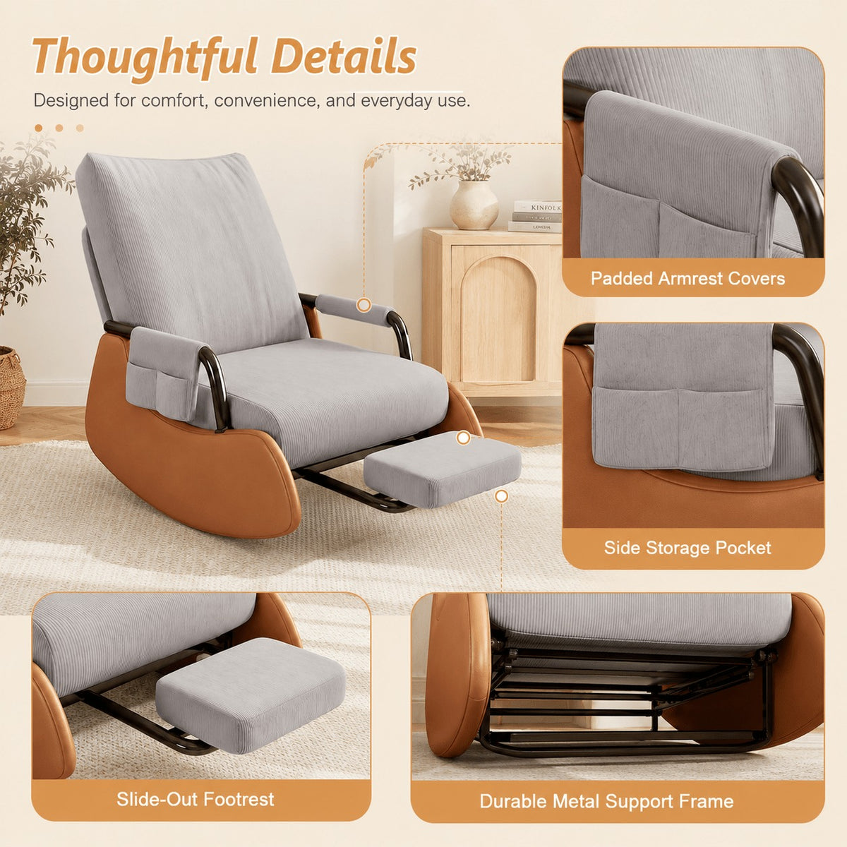 Adjustable Corduroy Rocker Recliner with Footrest & Side Pocket for Nursery Bedroom