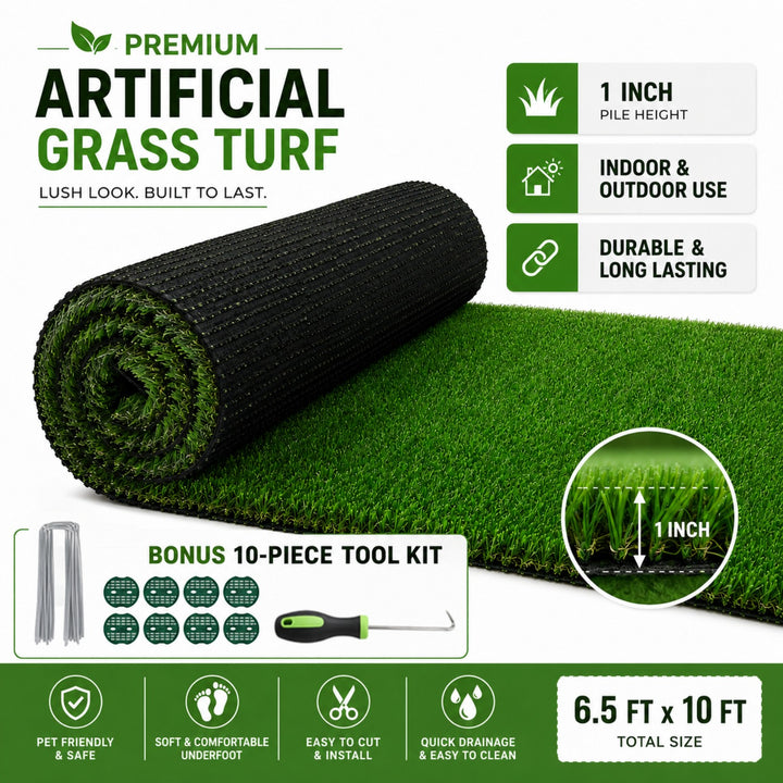 6.5 x 10 FT Realistic Artificial Grass Turf, 1 Inch Pile Height Synthetic Lawn with Installation Tool Kit, Easy to Cut and Clean for Outdoor Indoor Patio, Balcony and Garden