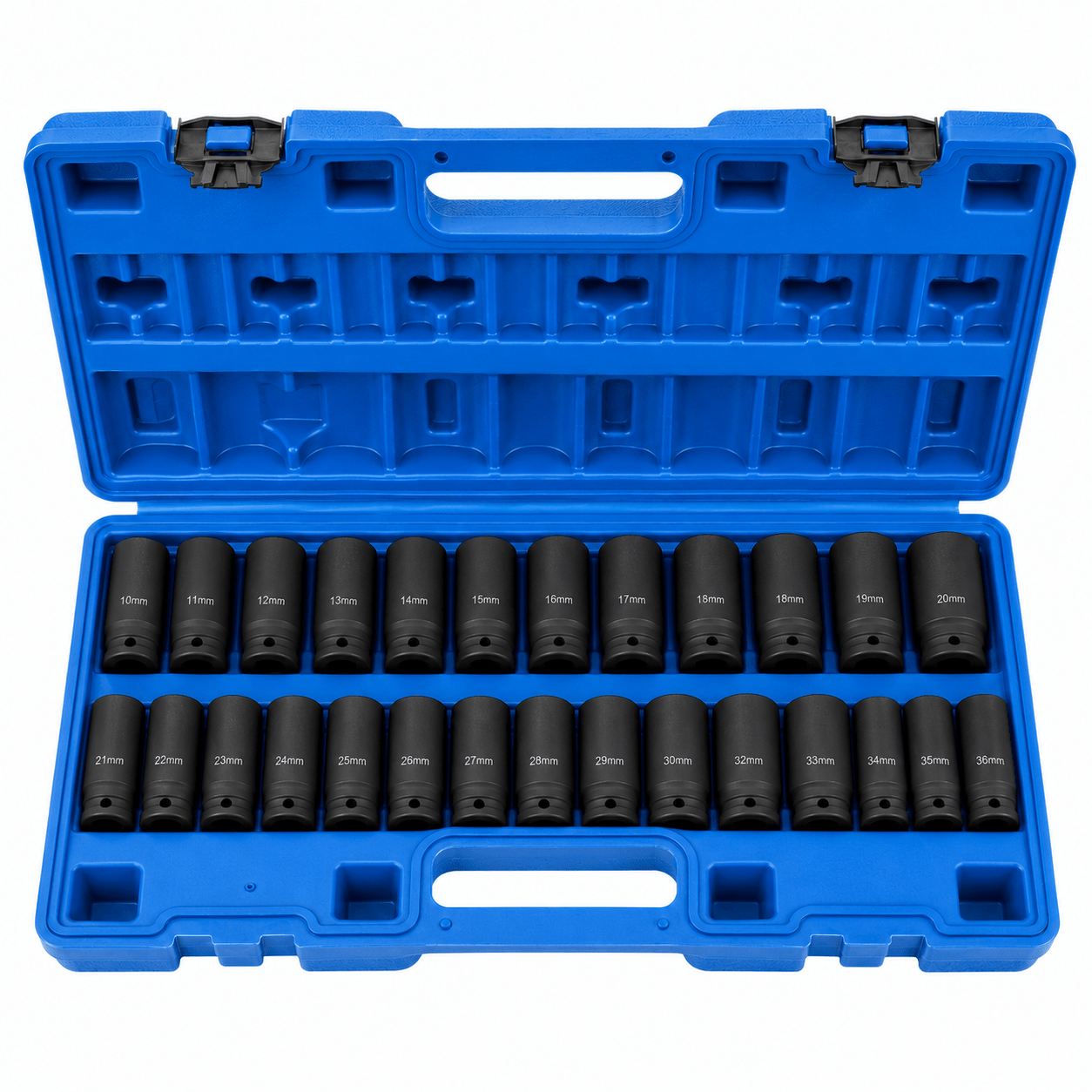 35-Piece 1/2" Drive Metric Impact Socket Set, 8–32 mm Cr-Mo Steel Sockets, 38 mm Shallow & 78 mm Deep Lengths, 6-Point Design, Black Phosphate Finish with 45 x 19 cm Steel Case 跨境标准翻译（标题 + 专业术语拆解 + 上架五点描述） 商品标题（亚马逊 / Shopify 商用译版） 35 件套 1/2 英寸方驱公制冲击